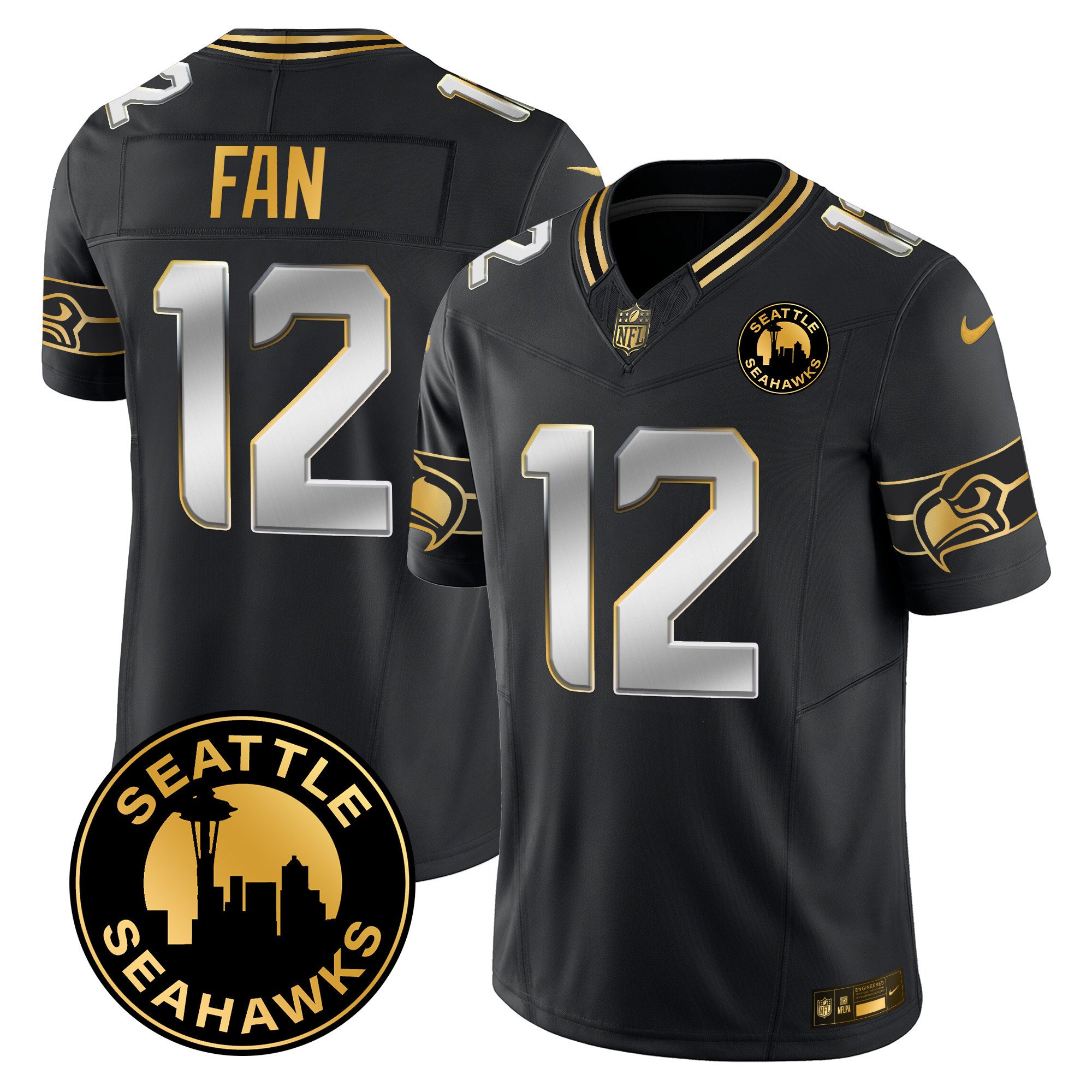Men's 12Th Fan Seattle Seahawks 2024 Seattle City Patch Gold Vapor Limited Black Limited Jersey - All Stitched