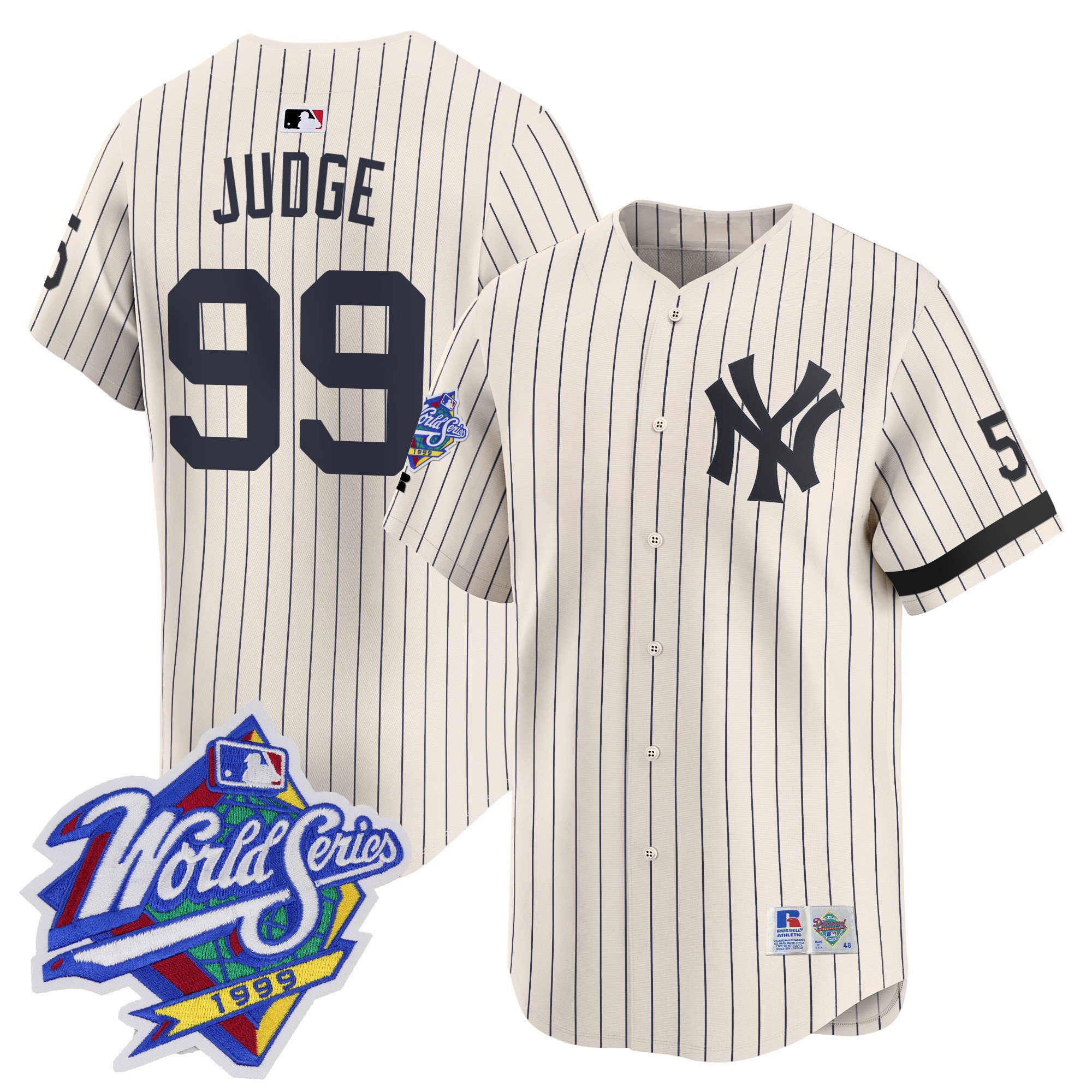 Men's Aaron Judge New York Yankees 1999 Throwback Joe DiMaggio Patch Vapor Premier Limited Cream Pinstripe Jersey - All Stitched