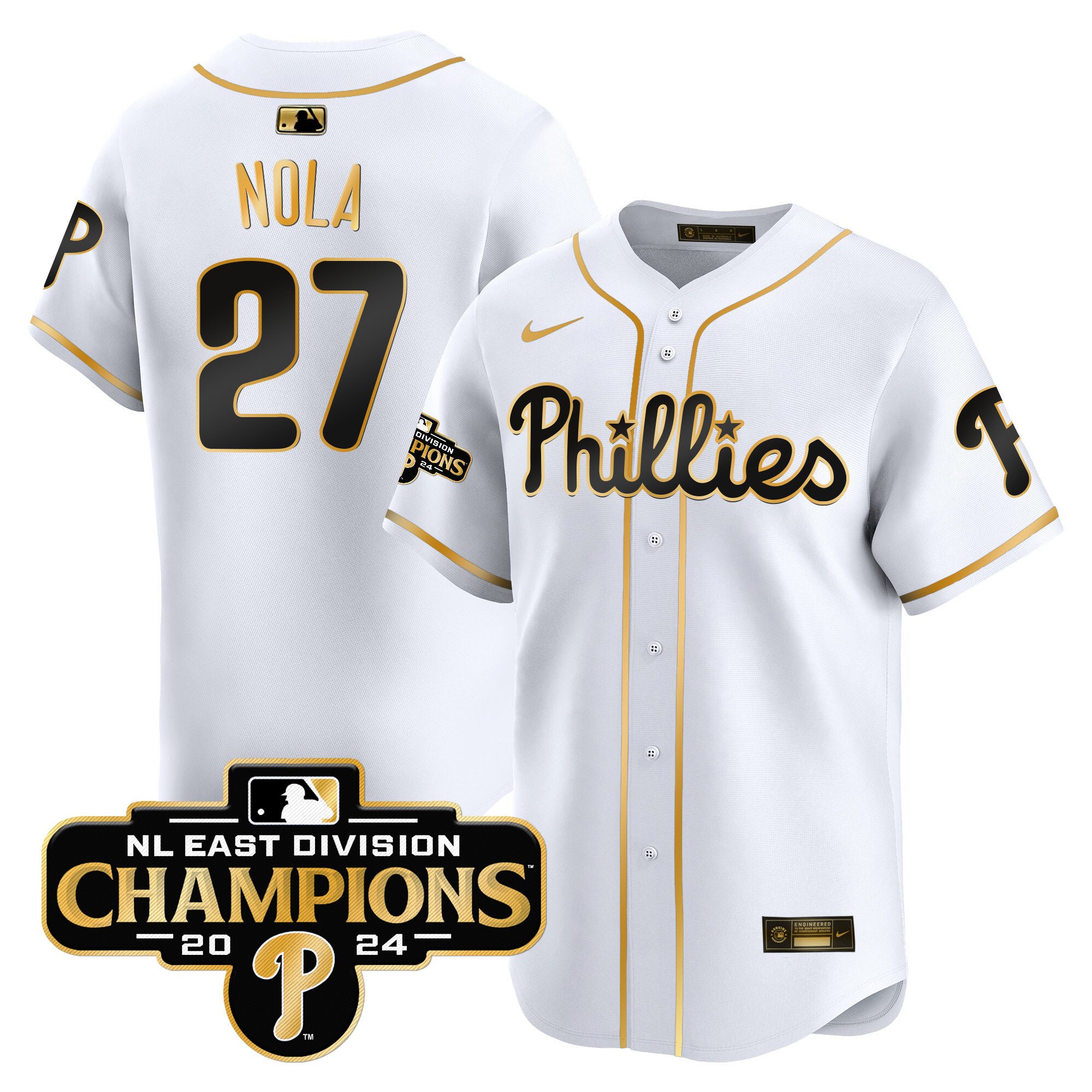 Men's Aaron Nola Philadelphia Phillies 2024 NL East Division Champions Gold Vapor Premier Limited White Gold Jersey - All Stitched