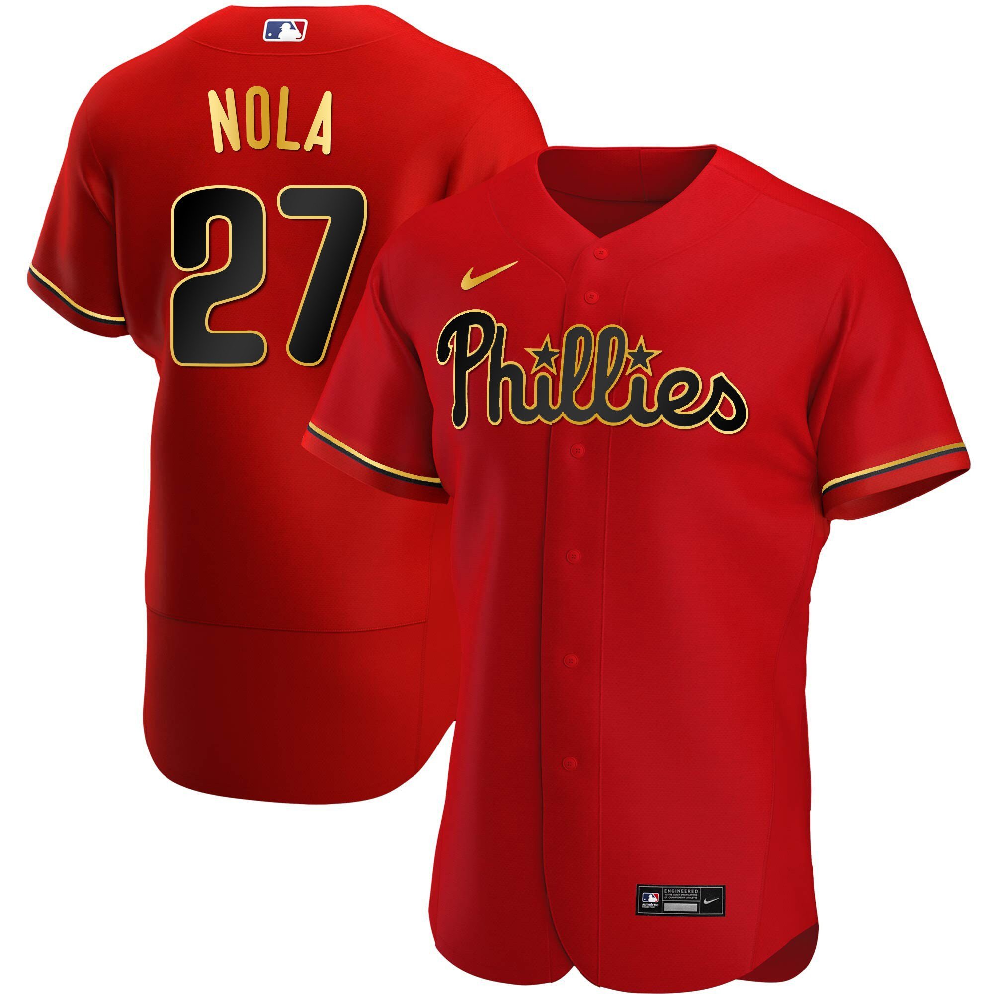 Men's Aaron Nola Philadelphia Phillies Gold Trim Flex Red Jersey - All Stitched
