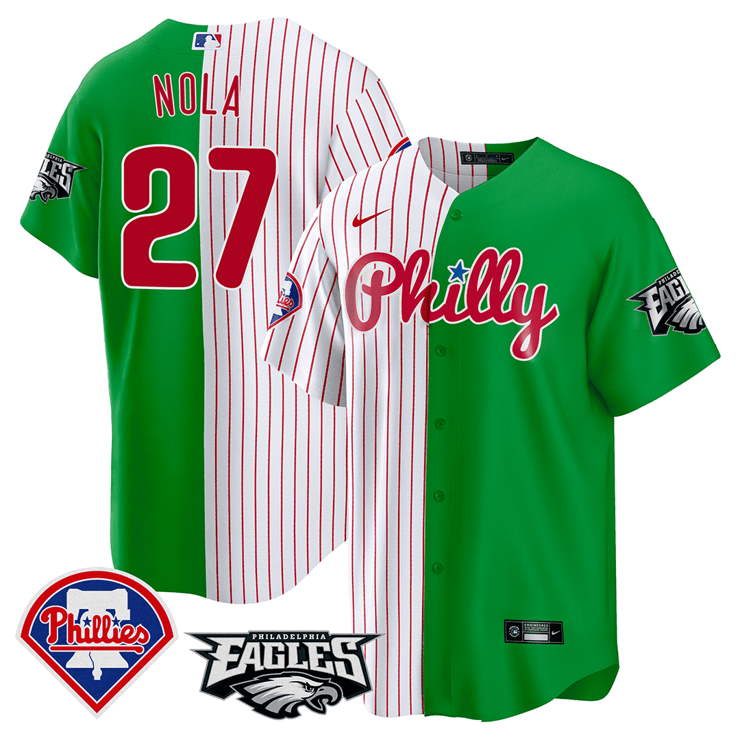 Men's Aaron Nola Split Philadelphia Phillies - Eagles Cool Base Stripes - Green Jersey - All Stitched