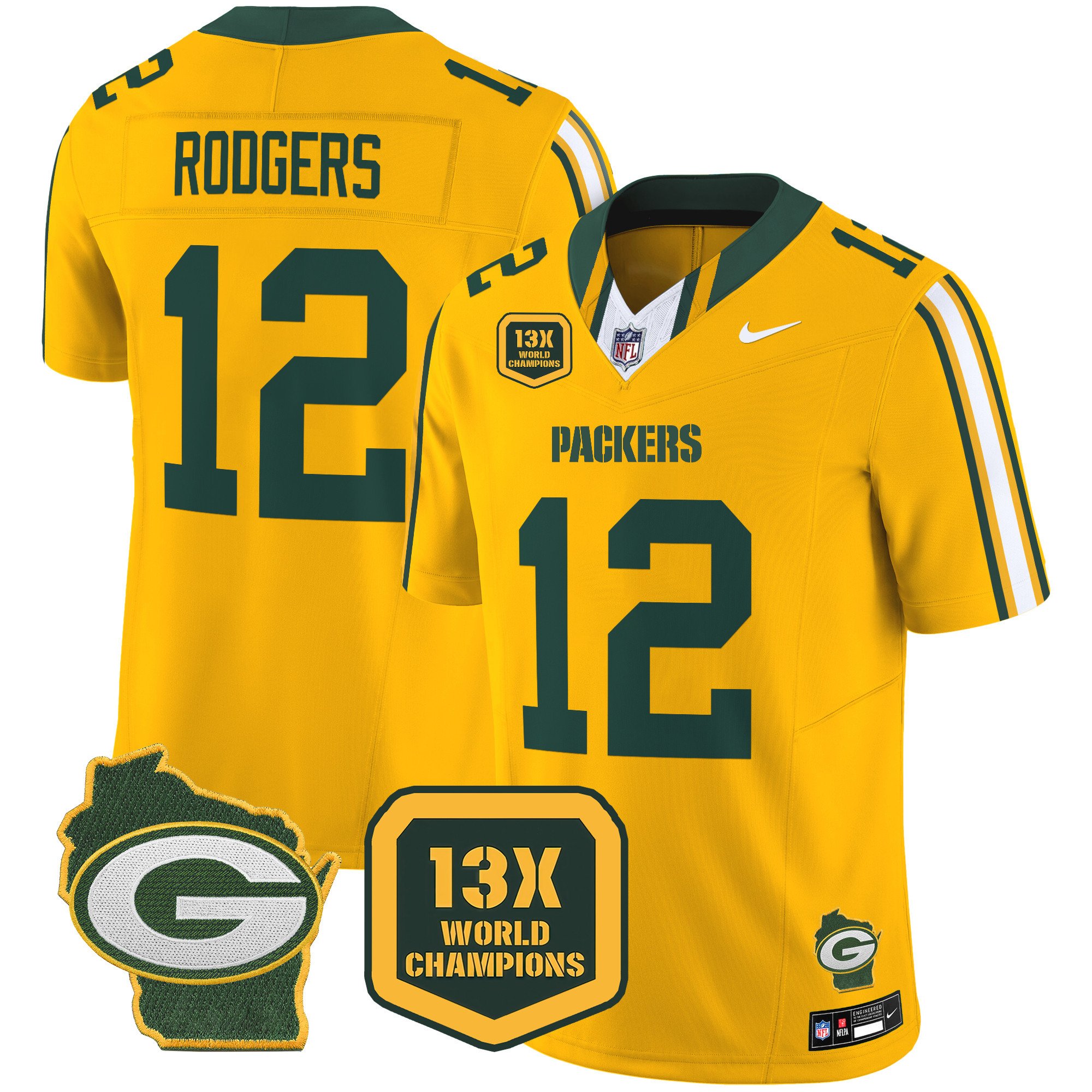 Men's Aaron Rodgers Green Bay Packers 13 Time World Champions & Home Patch Vapor Limited Gold Jersey â€“ All Stitched