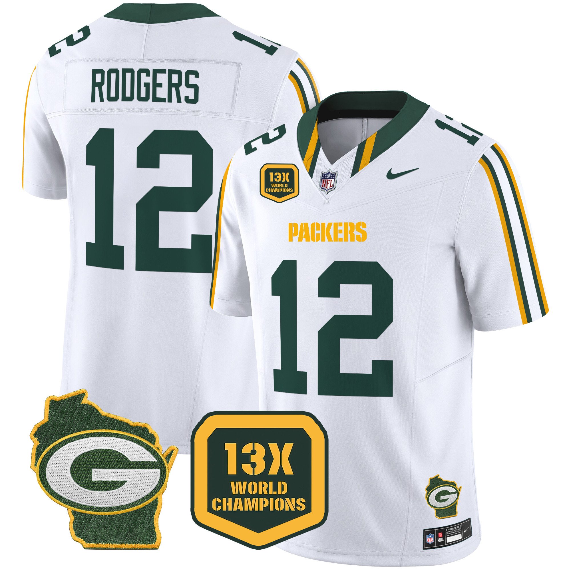 Men's Aaron Rodgers Green Bay Packers 13 Time World Champions & Home Patch Vapor Limited White Jersey â€“ All Stitched