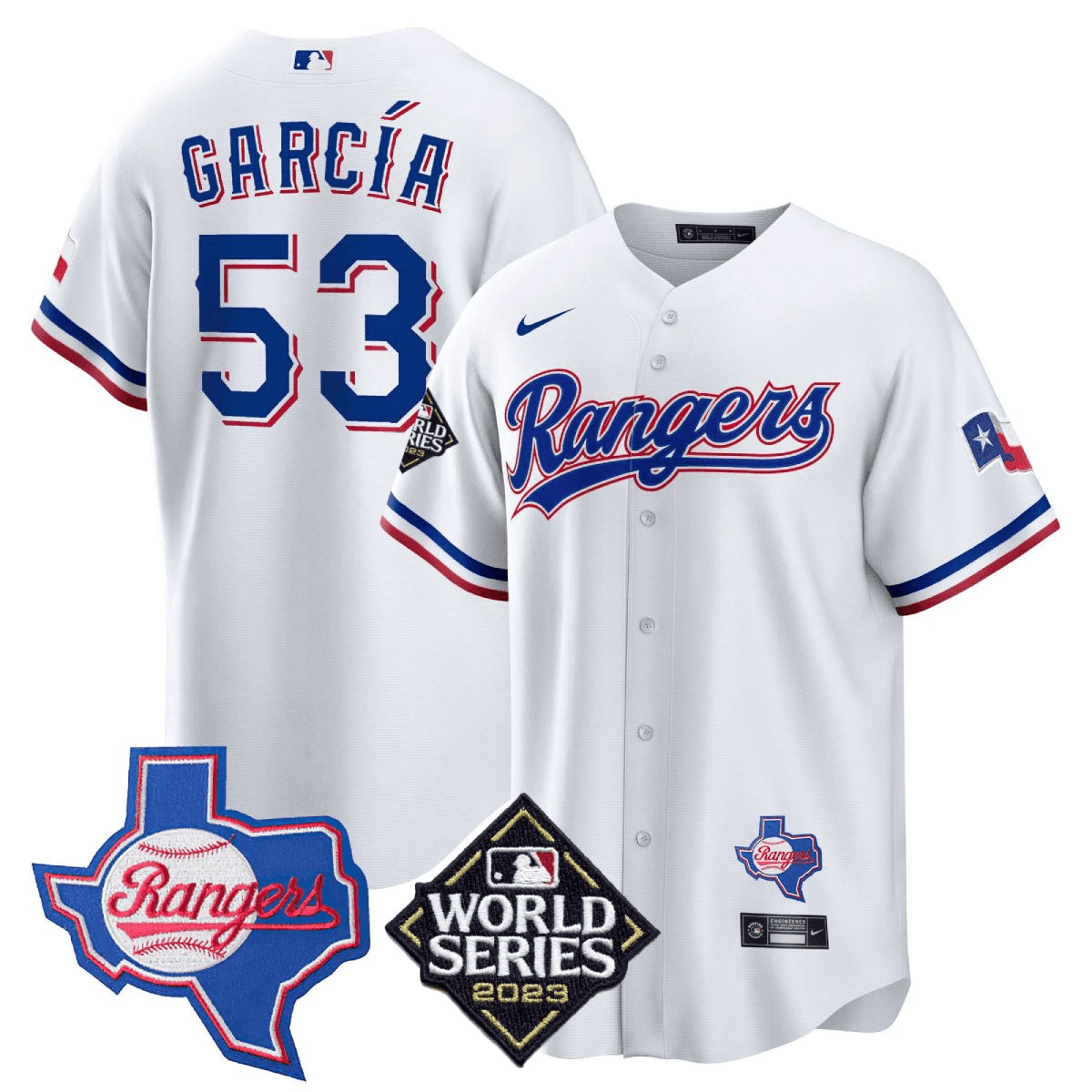 Men's Adolis Garcia Texas Rangers 2023 World Series & Texas State Patch Cool Base Gold White Jersey V2 Ã± All Stitched