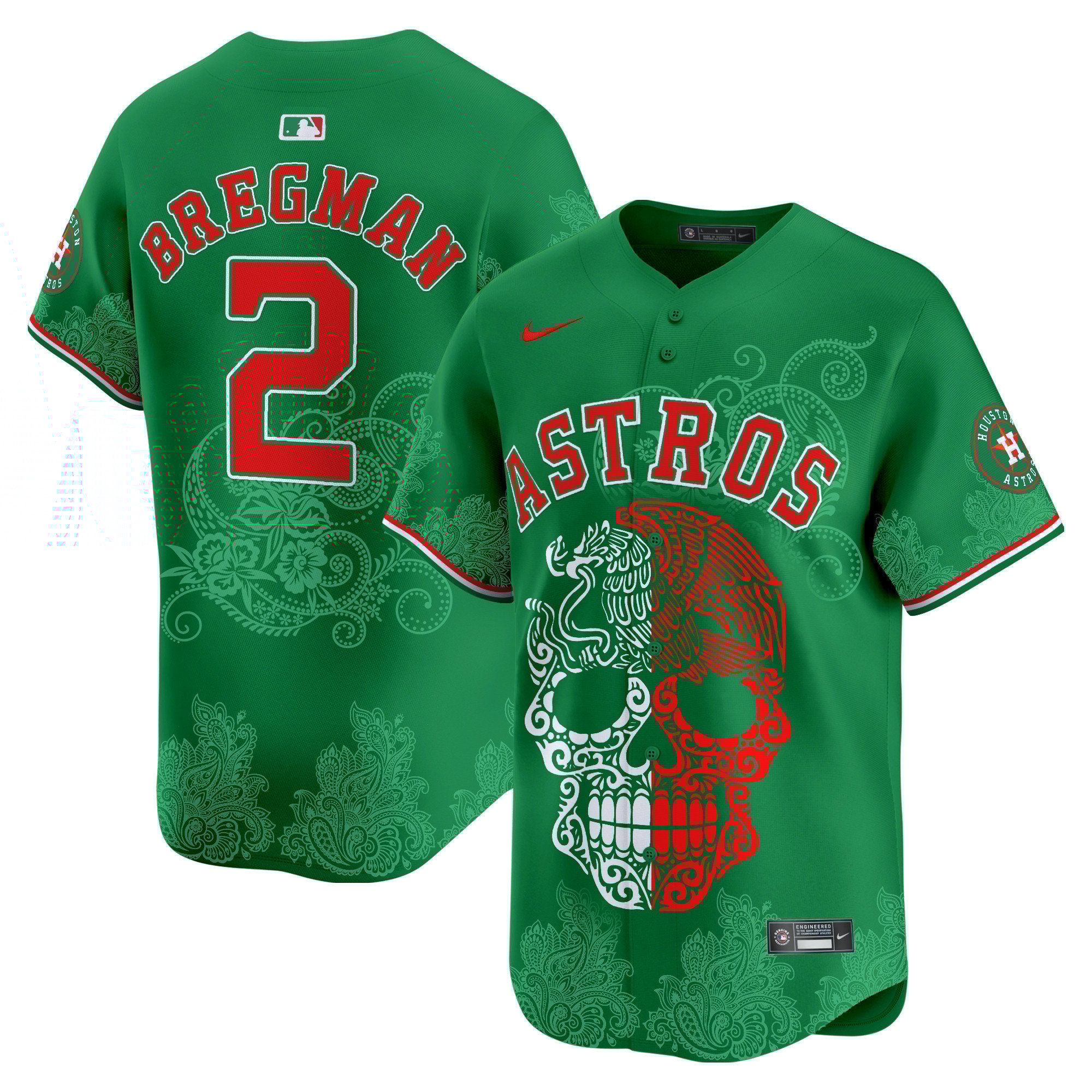 Men's Alex Bregman Houston Astros Aztec Warrior Skull Vapor Limited Green Jersey - Printed