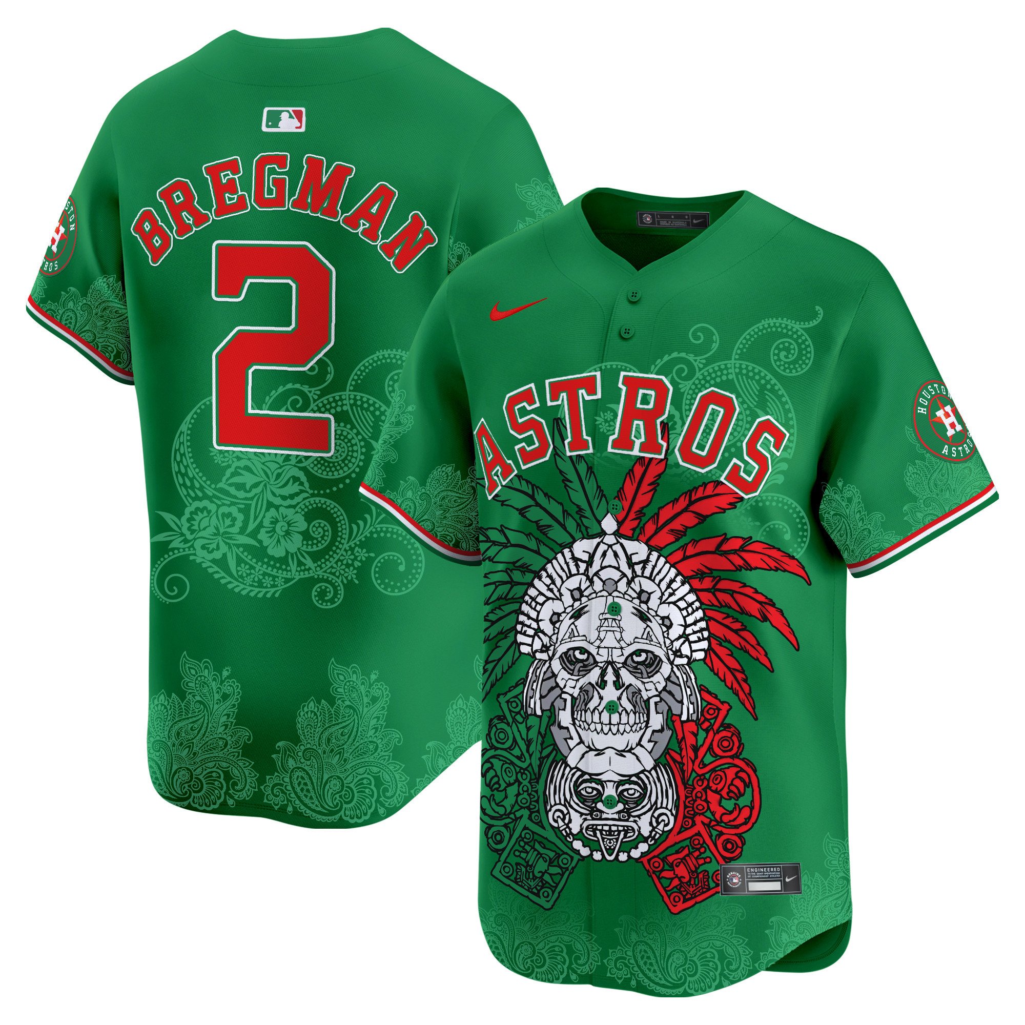 Men's Alex Bregman Houston Astros Aztec Warrior Skull Vapor Premier Limited Green Jersey V2 - Printed