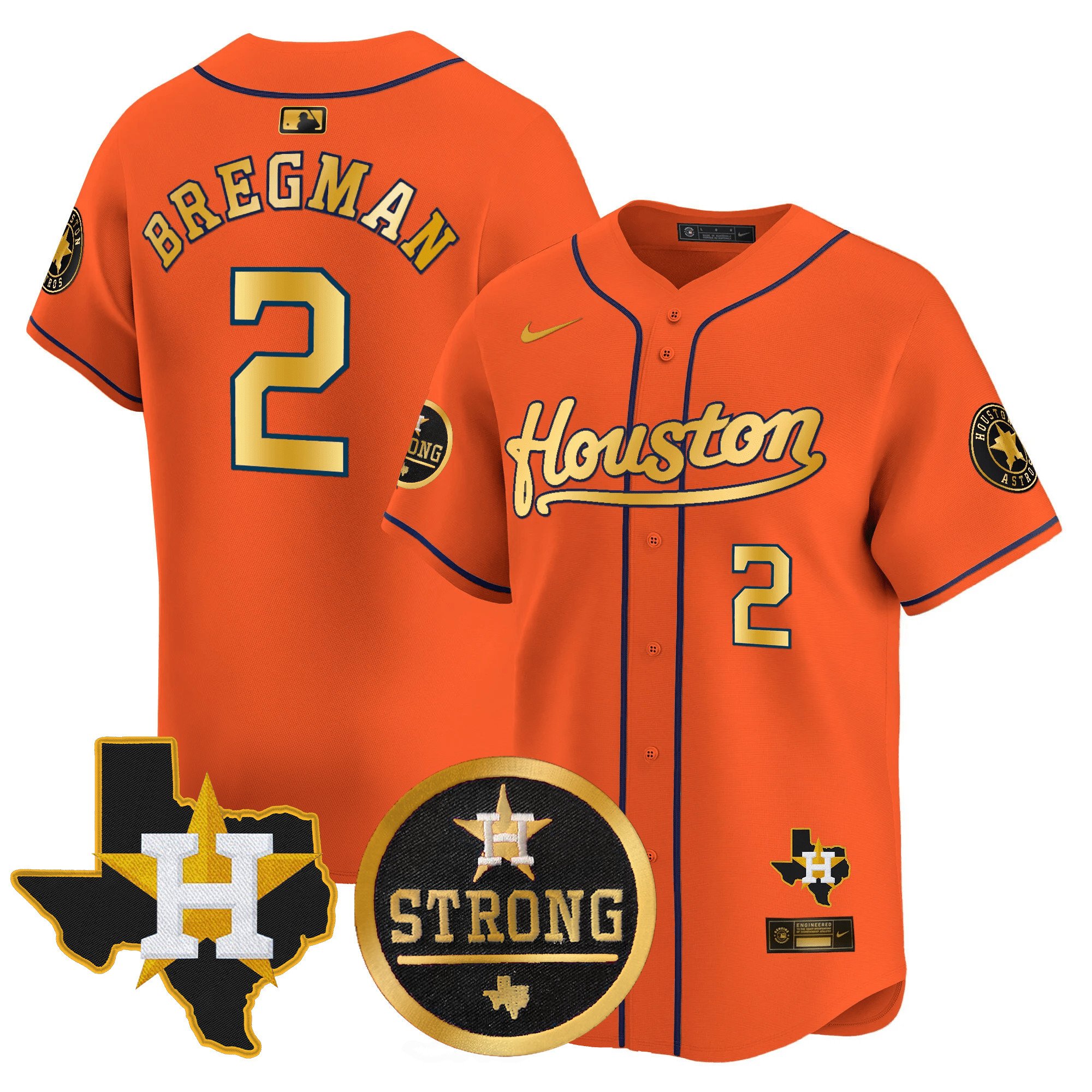 Men's Alex Bregman Houston Astros "Houston Strong" Patch Vapor Premier Limited Orange Gold Jersey - All Stitched