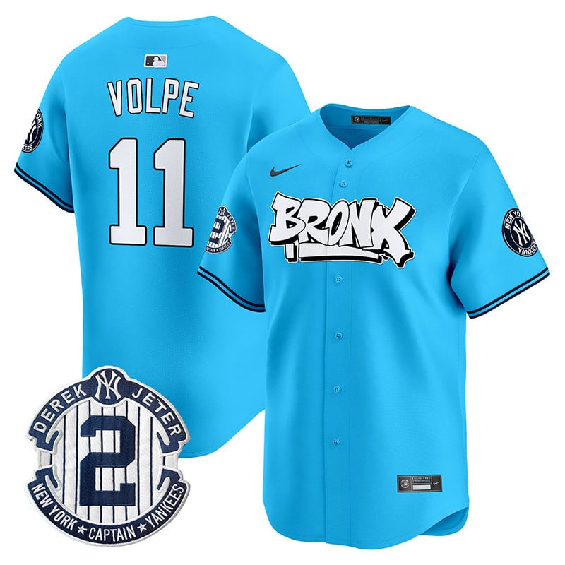 Men's Anthony Volpe New York Yankees The Bronx Graffiti Vapor Premier Limited Light Blue Jersey V3 - All Stitched