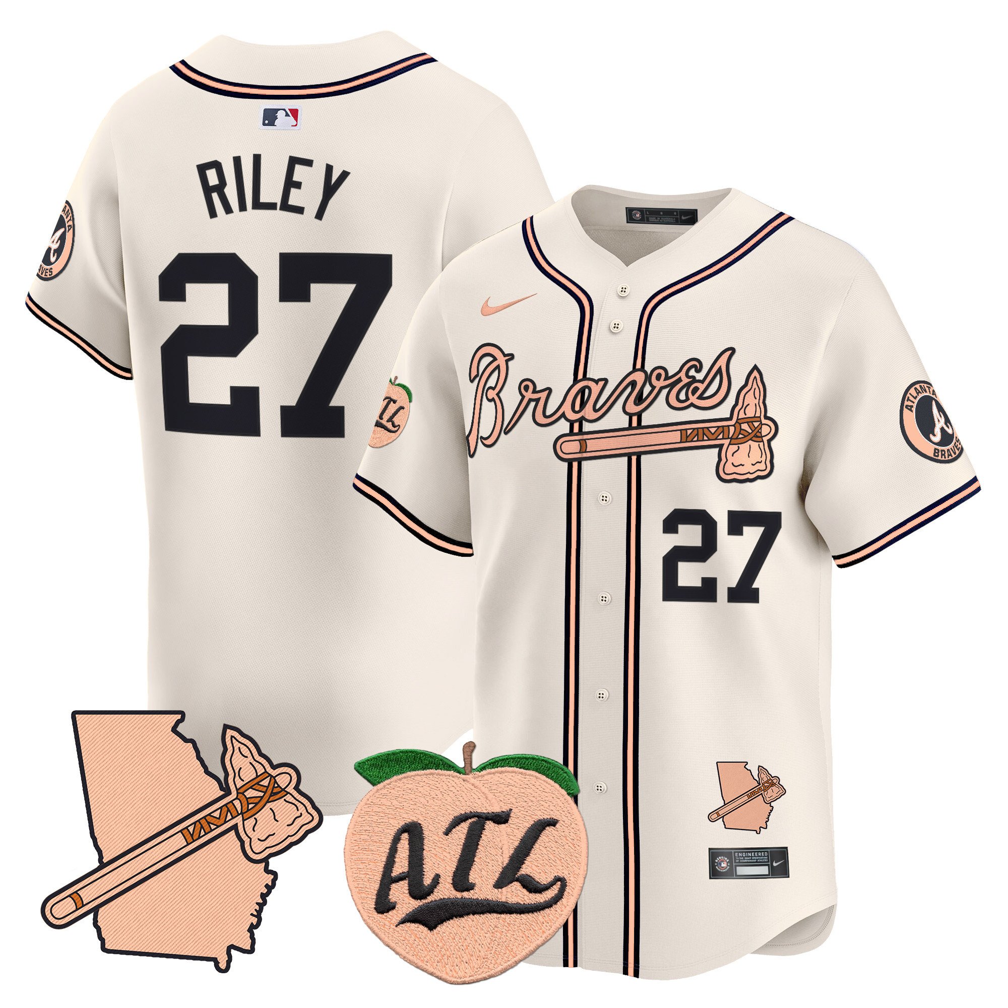 Men's Austin Riley Atlanta Braves Peach Vapor Premier Limited Cream Jersey - All Stitched