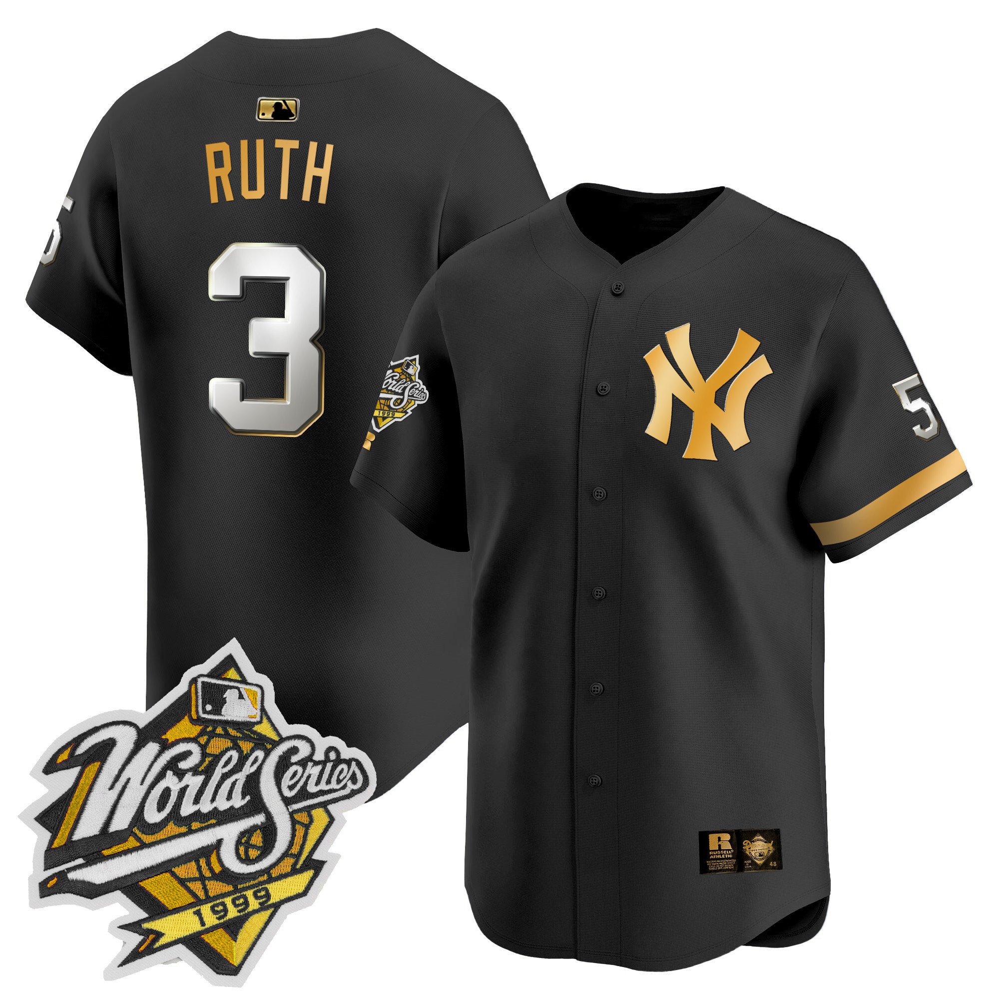 Men's Babe Ruth New York Yankees 1999 Throwback Joe DiMaggio Patch Vapor Premier Limited Black Gold Jersey - All Stitched
