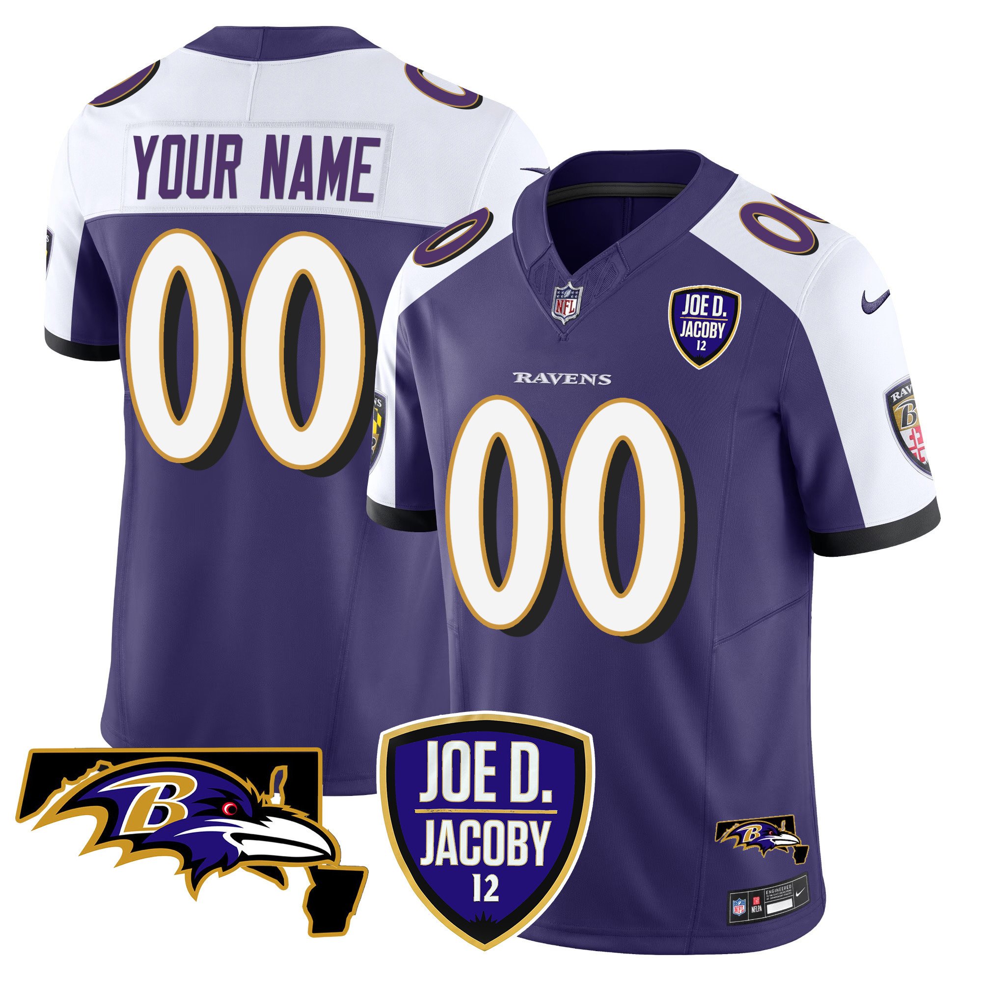 Men's Baltimore Ravens Joe D & Jacoby Patch Vapor Limited Custom Purple Alternate Jersey - All Stitched