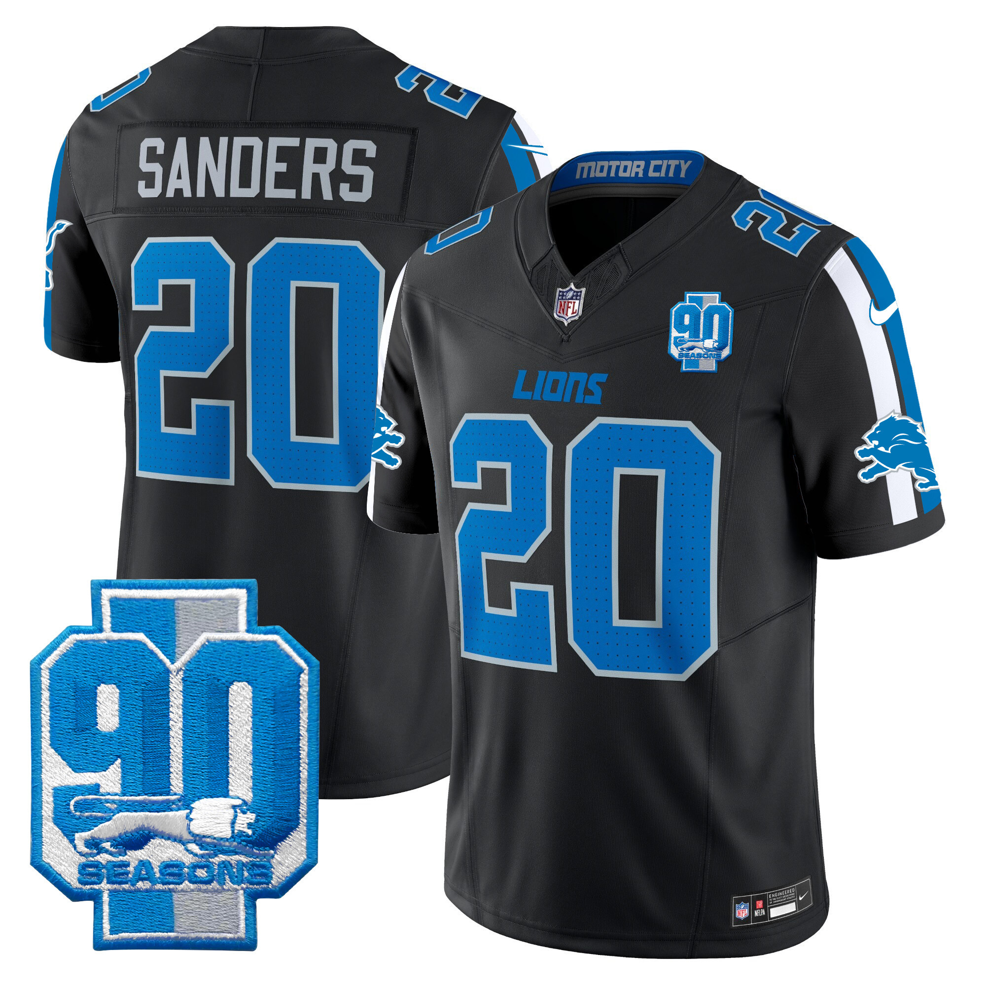 Men's Barry Sanders Detroit Lions 90th Year Patch Vapor Limited Black Jersey - All Stitched