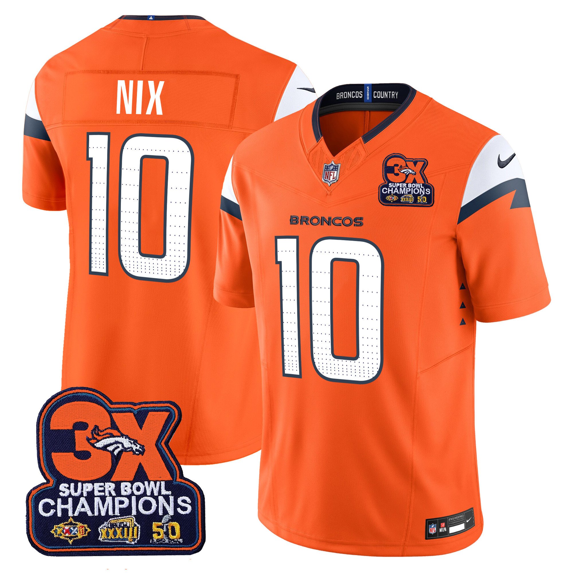 Men's Bo Nix Denver Broncos 3-Time Champions Patch Vapor Limited Orange Jersey - All Stitched