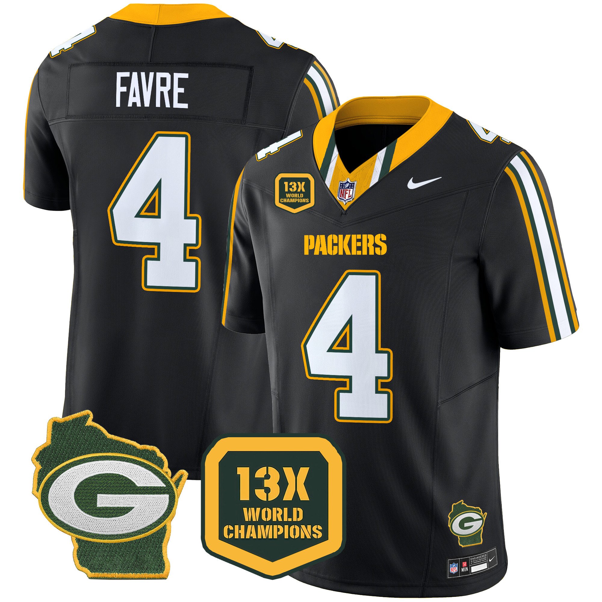 Men's Brett Favre Green Bay Packers 13 Time World Champions & Home Patch Vapor Limited Black Jersey â€“ All Stitched