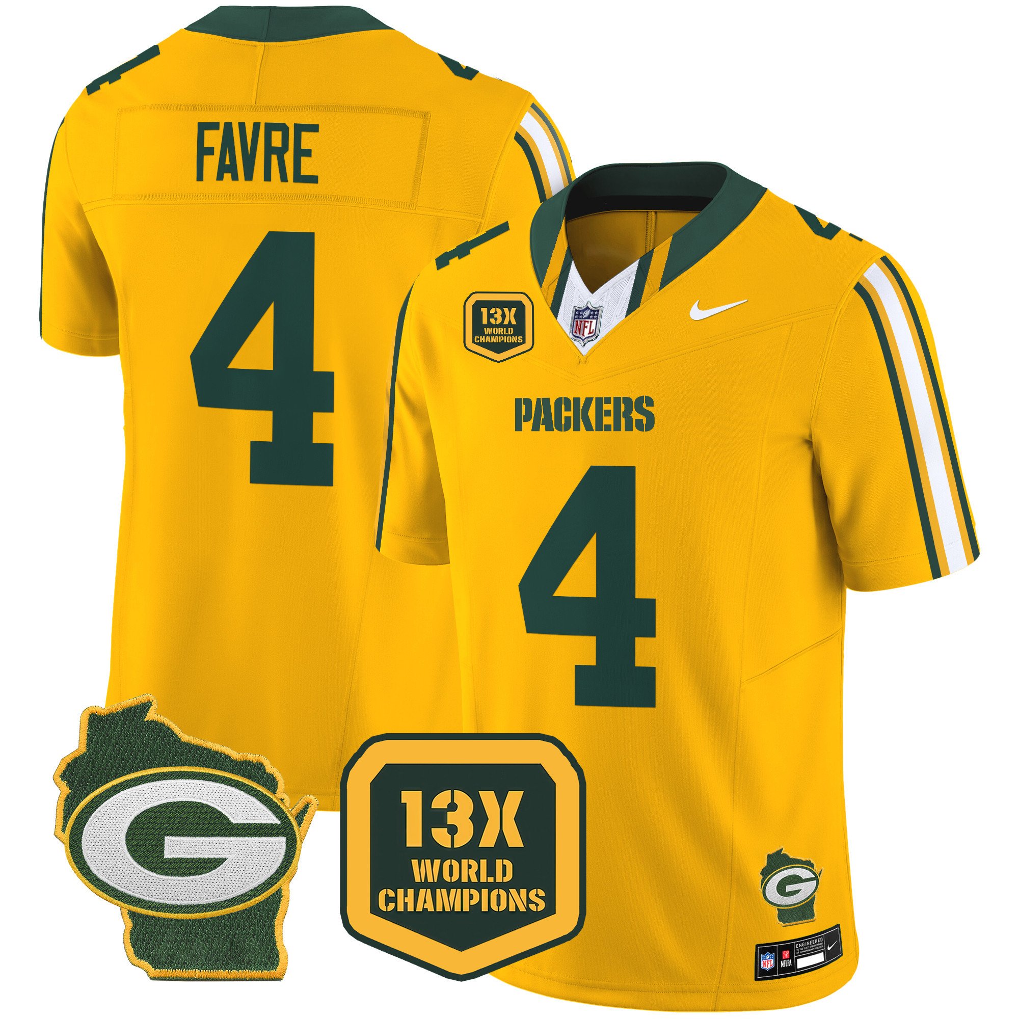 Men's Brett Favre Green Bay Packers 13 Time World Champions & Home Patch Vapor Limited Gold Jersey â€“ All Stitched