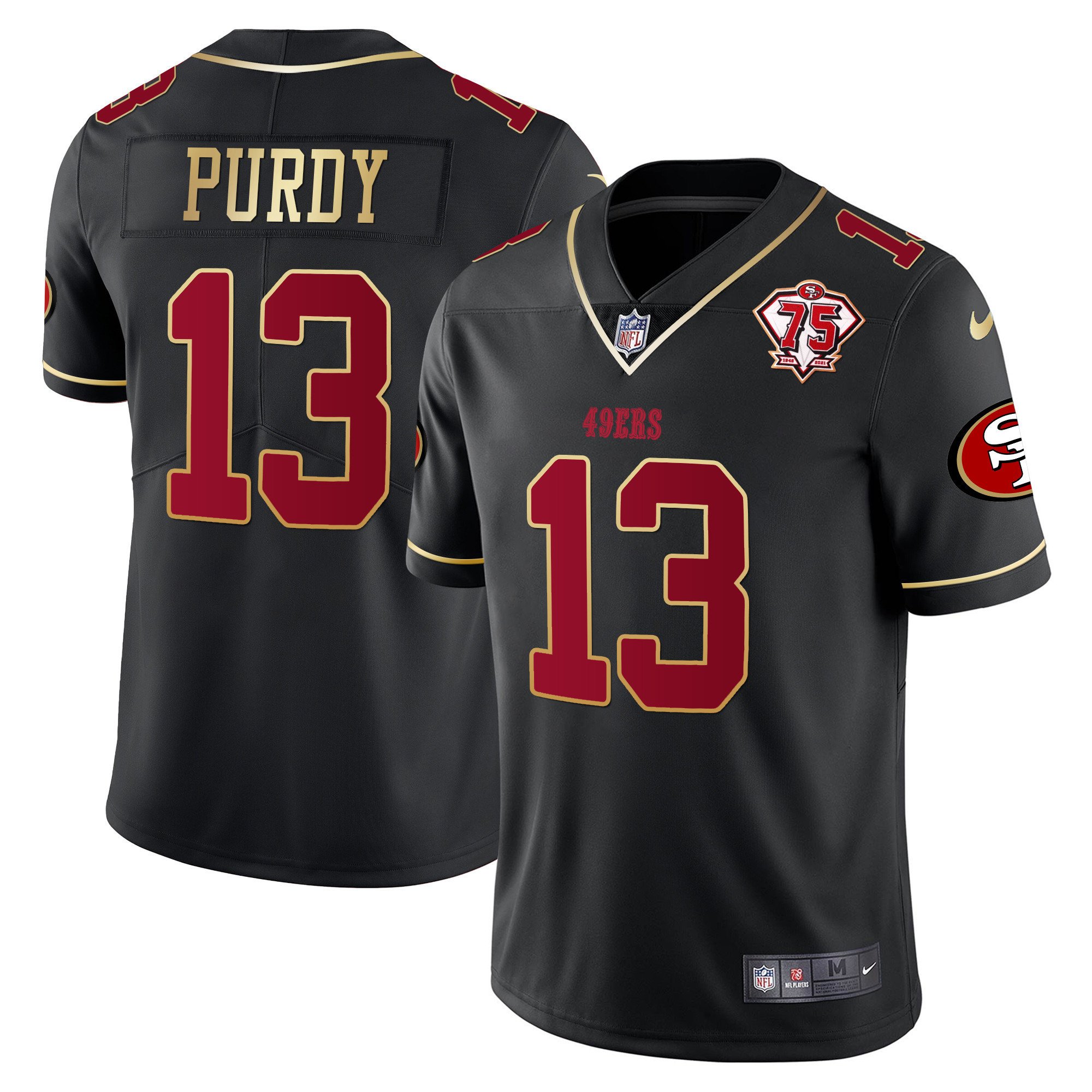 Men's Brock Purdy San Francisco 49ers 75th Anniversary Patch Vapor Gold Trim Black Gold Jersey V2 - All Stitched