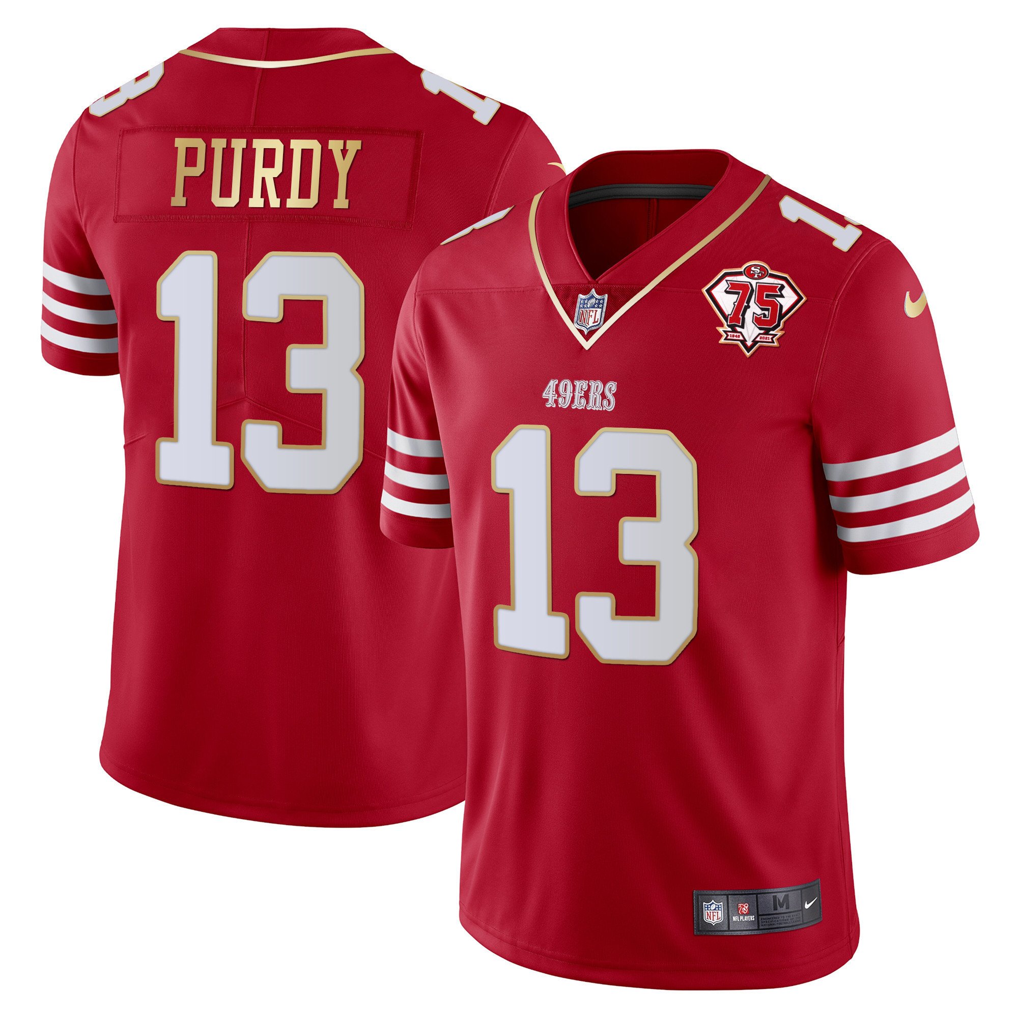 Men's Brock Purdy San Francisco 49ers 75th Anniversary Patch Vapor Gold Trim Red Gold Jersey - All Stitched