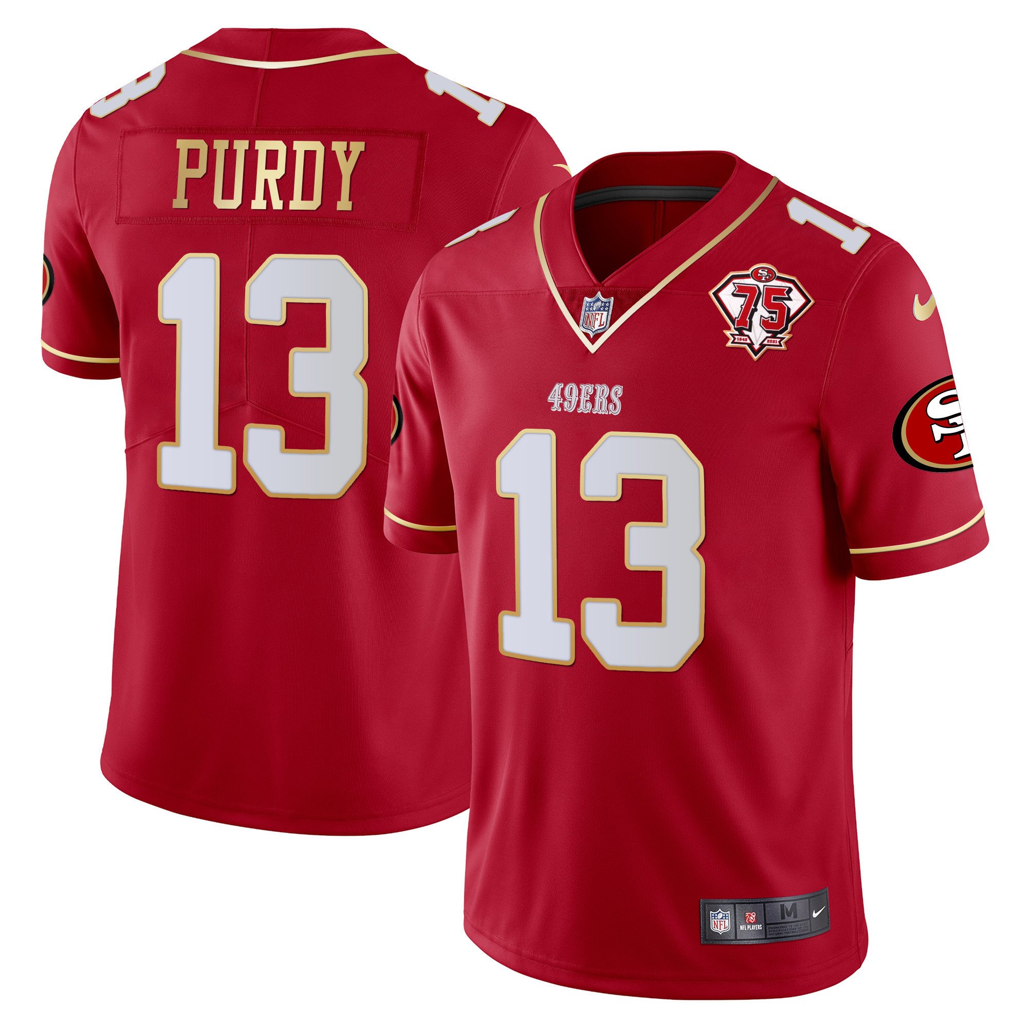 Men's Brock Purdy San Francisco 49ers 75th Anniversary Patch Vapor Gold Trim Red Gold Jersey V2 - All Stitched