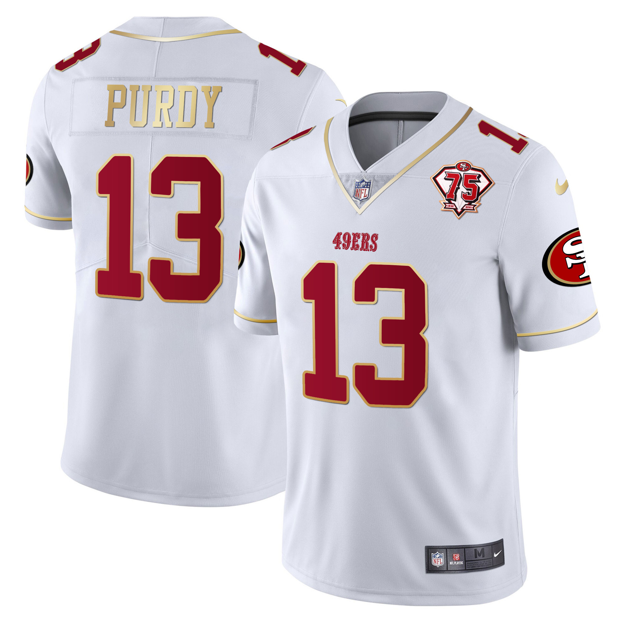Men's Brock Purdy San Francisco 49ers 75th Anniversary Patch Vapor Gold Trim White Gold Jersey V2 - All Stitched