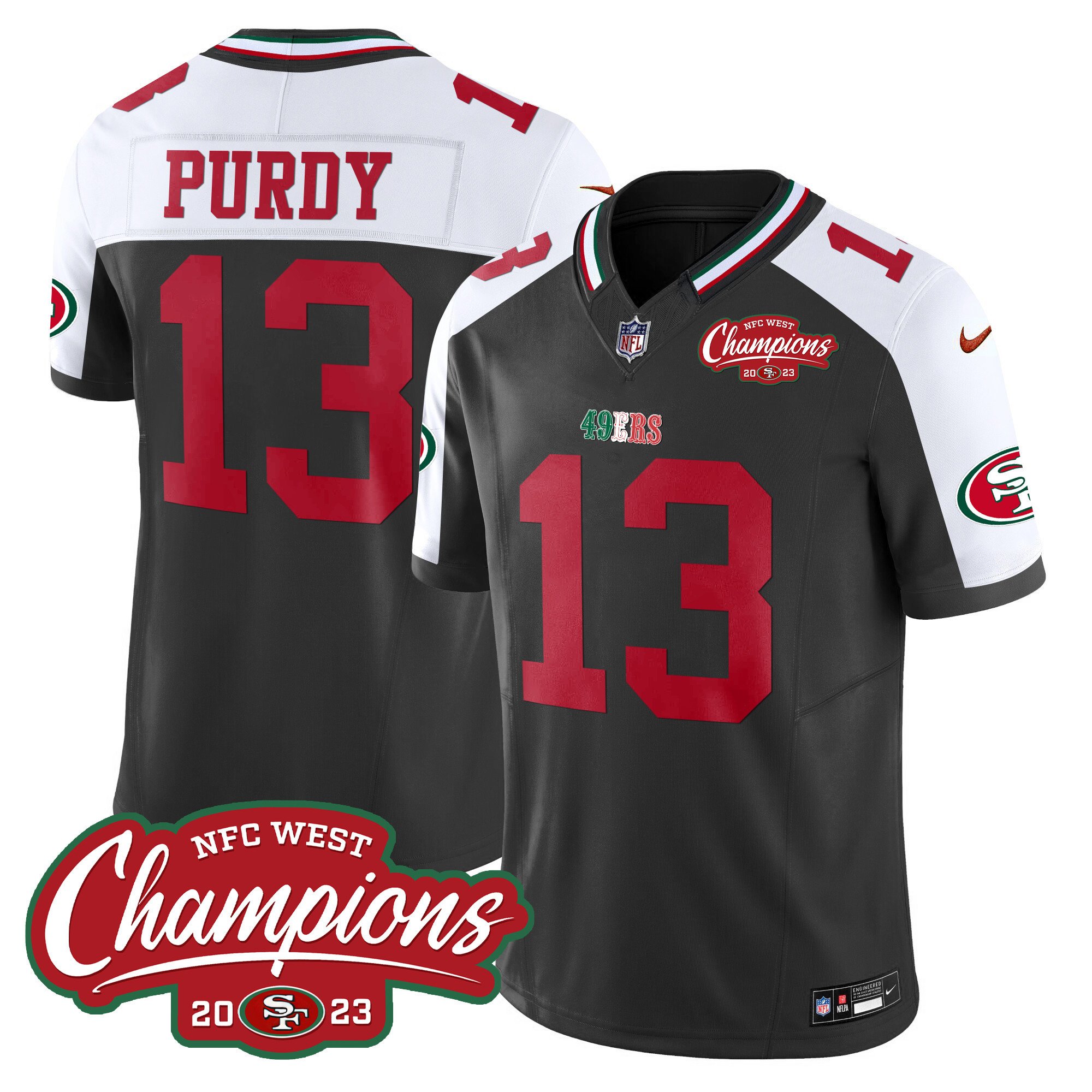 Men's Brock Purdy San Francisco 49ers Mexico 2023 NFC West Champions Patch Vapor Black Alternate Jersey - All Stitched