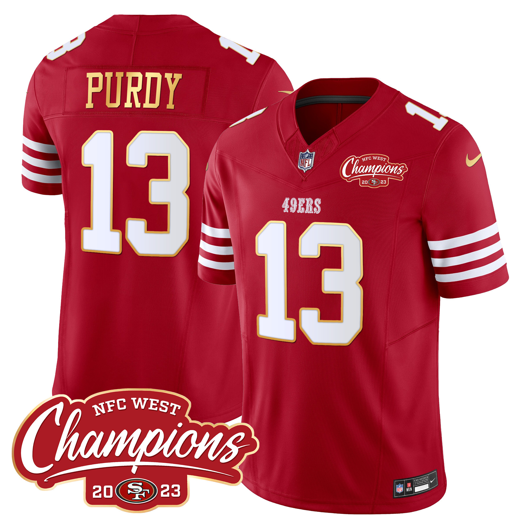 Men's Brock Purdy San Francisco 49ers NFC West Champions Gold Trim Vapor Red Jersey - All Stitched