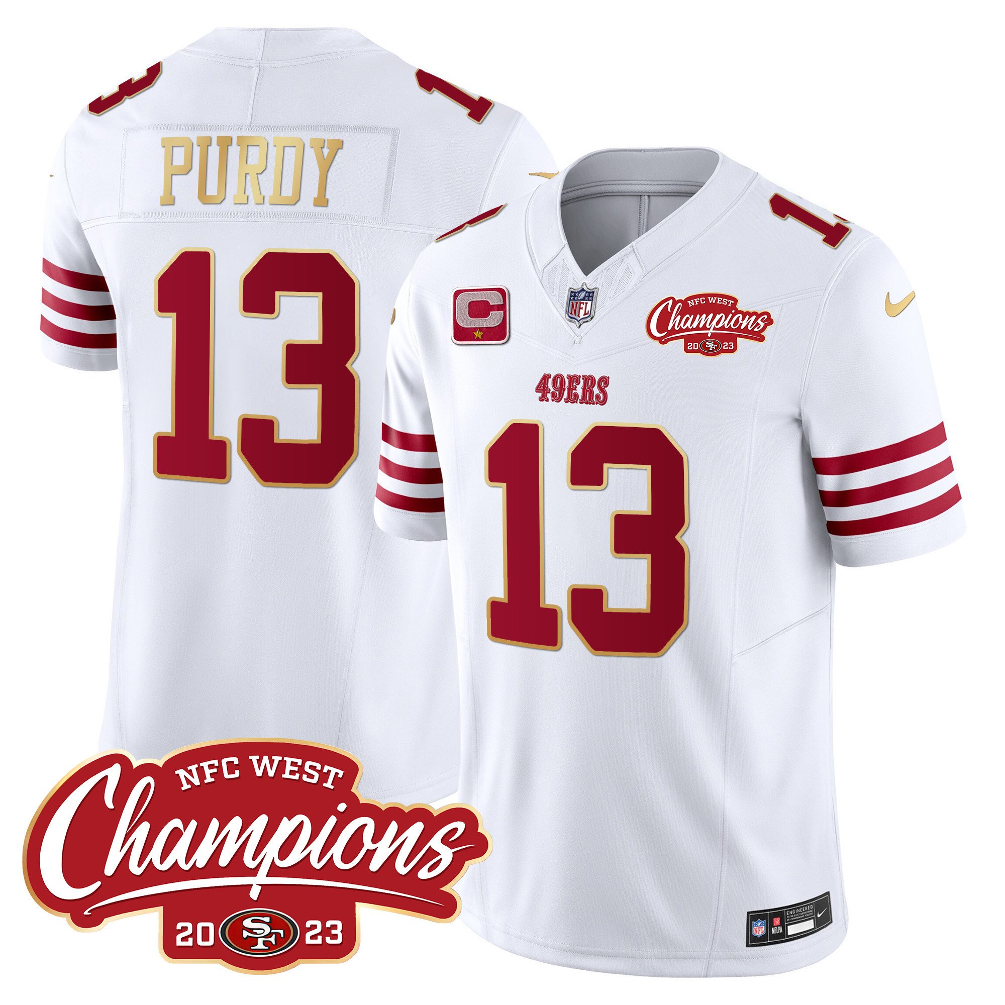 Men's Brock Purdy San Francisco 49ers NFC West Champions Gold Trim Vapor White Jersey - All Stitched