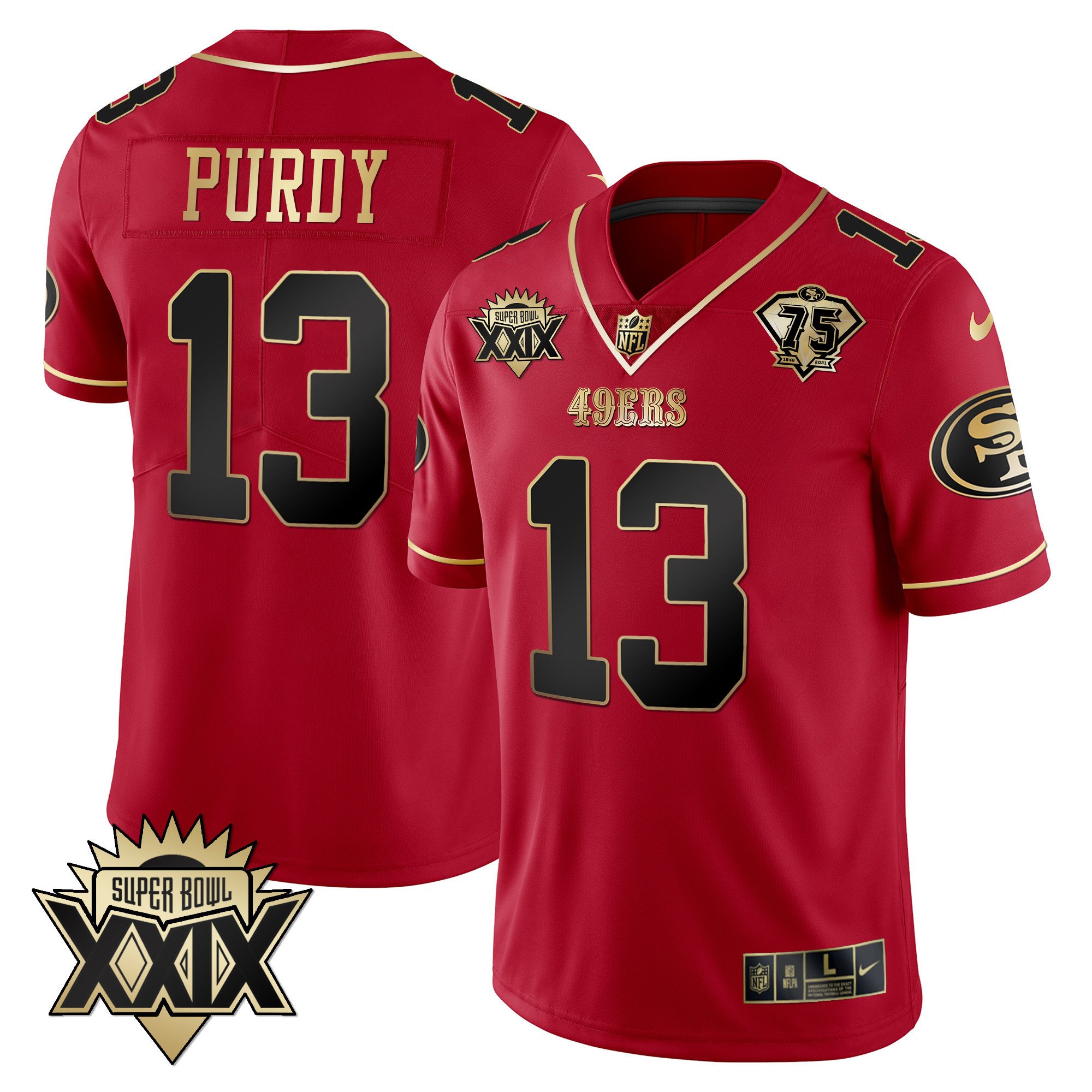 Men's Brock Purdy San Francisco 49ers Super Bowl XXIX Patch Black Red Gold Red Limited Jersey - All Stitched