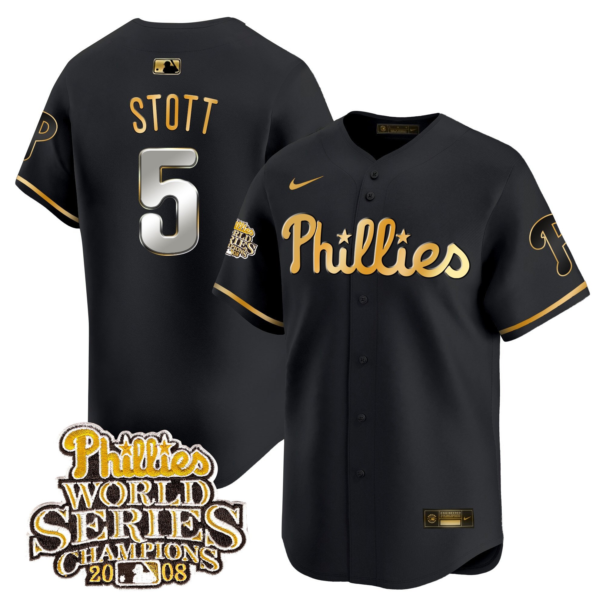 Men's Bryson Stott Philadelphia Phillies 2008 World Series Champions Patch Vapor Premier Limited Black Gold Jersey - All Stitched