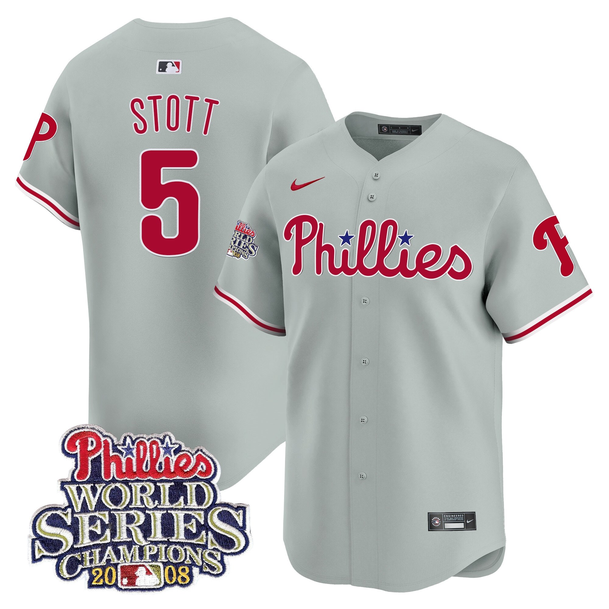Men's Bryson Stott Philadelphia Phillies 2008 World Series Champions Patch Vapor Premier Limited Gray Road Jersey - All Stitched