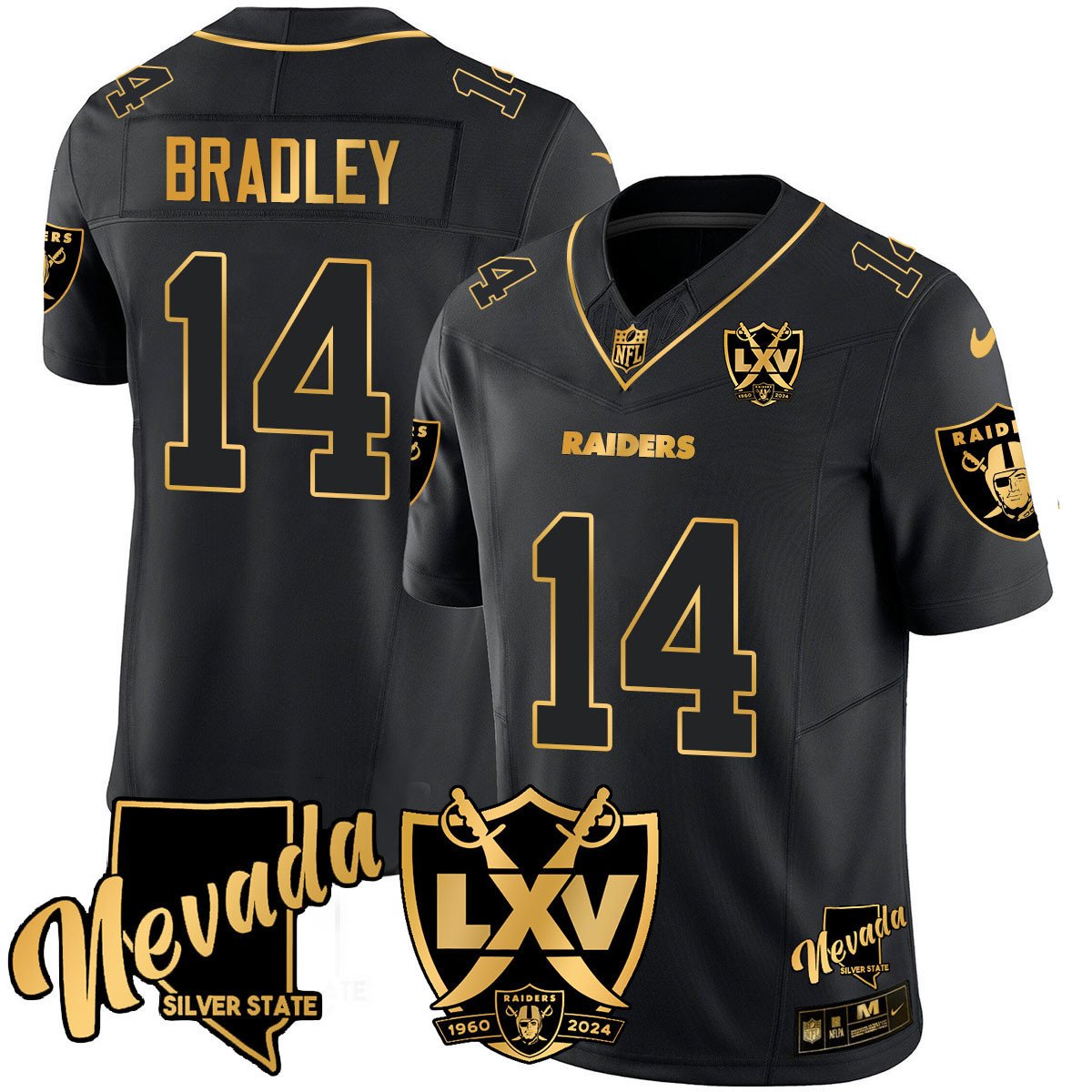 Men's Carter Bradley Las Vegas Raiders 2024 Gold Vapor Limited Black Gold Jersey - 65th Anniversary - All Stitched