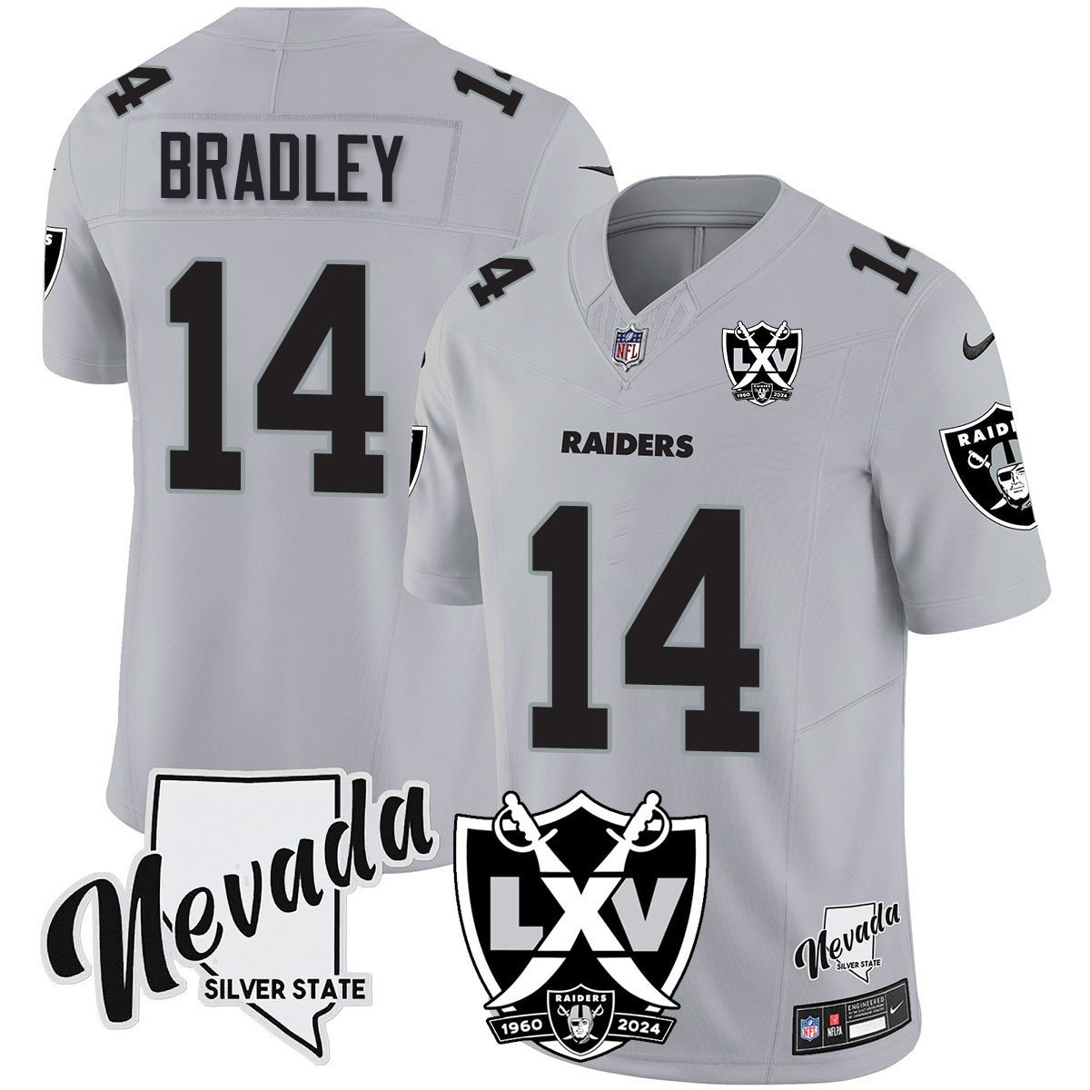 Men's Carter Bradley Las Vegas Raiders 2024 Vapor Limited Silver Jersey - 65th Anniversary - All Stitched