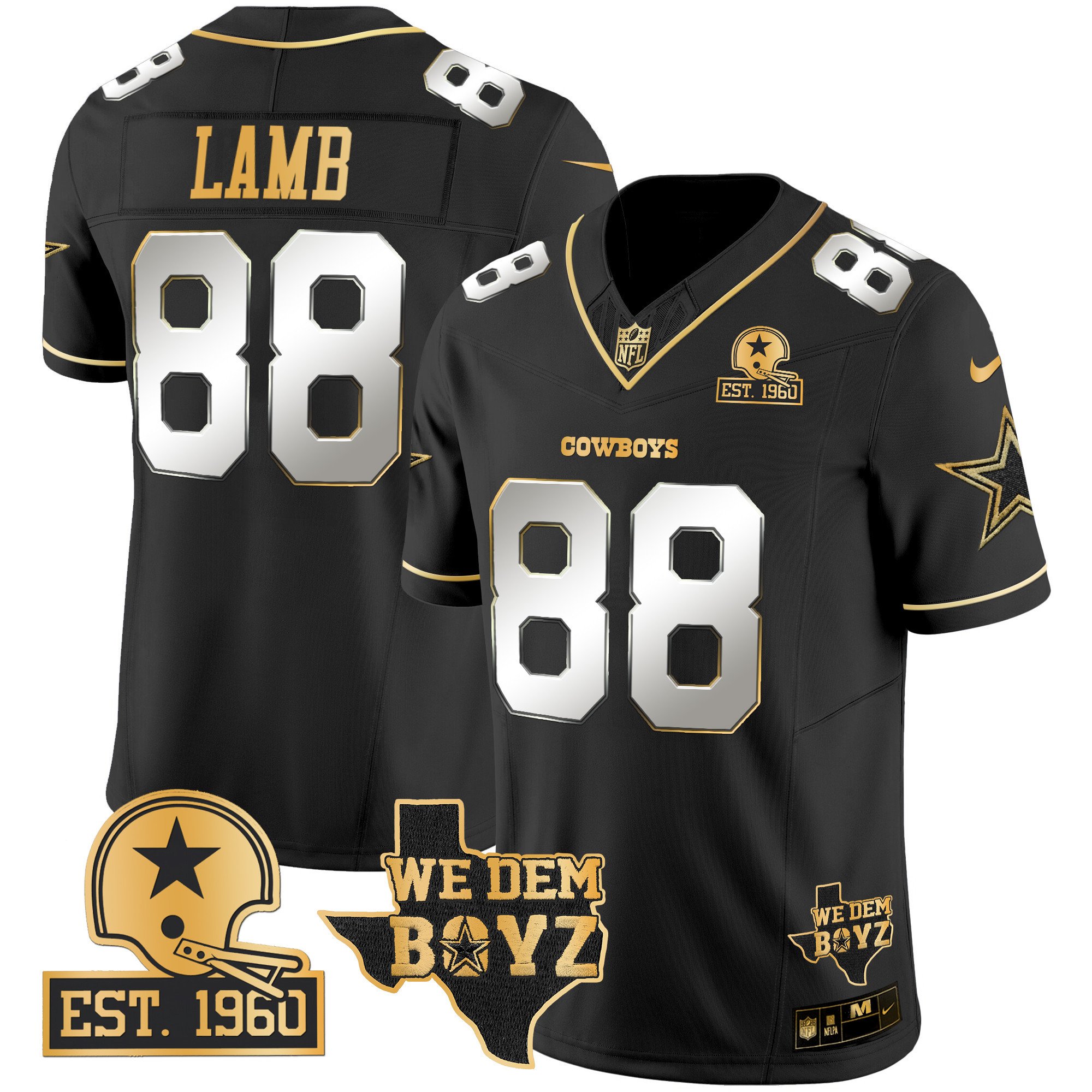 Men's CeeDee Lamb Dallas Cowboys Est. 1960 & We Dem Boyz Patch Gold Vapor Limited Black Limited Jersey V2 - All Stitched