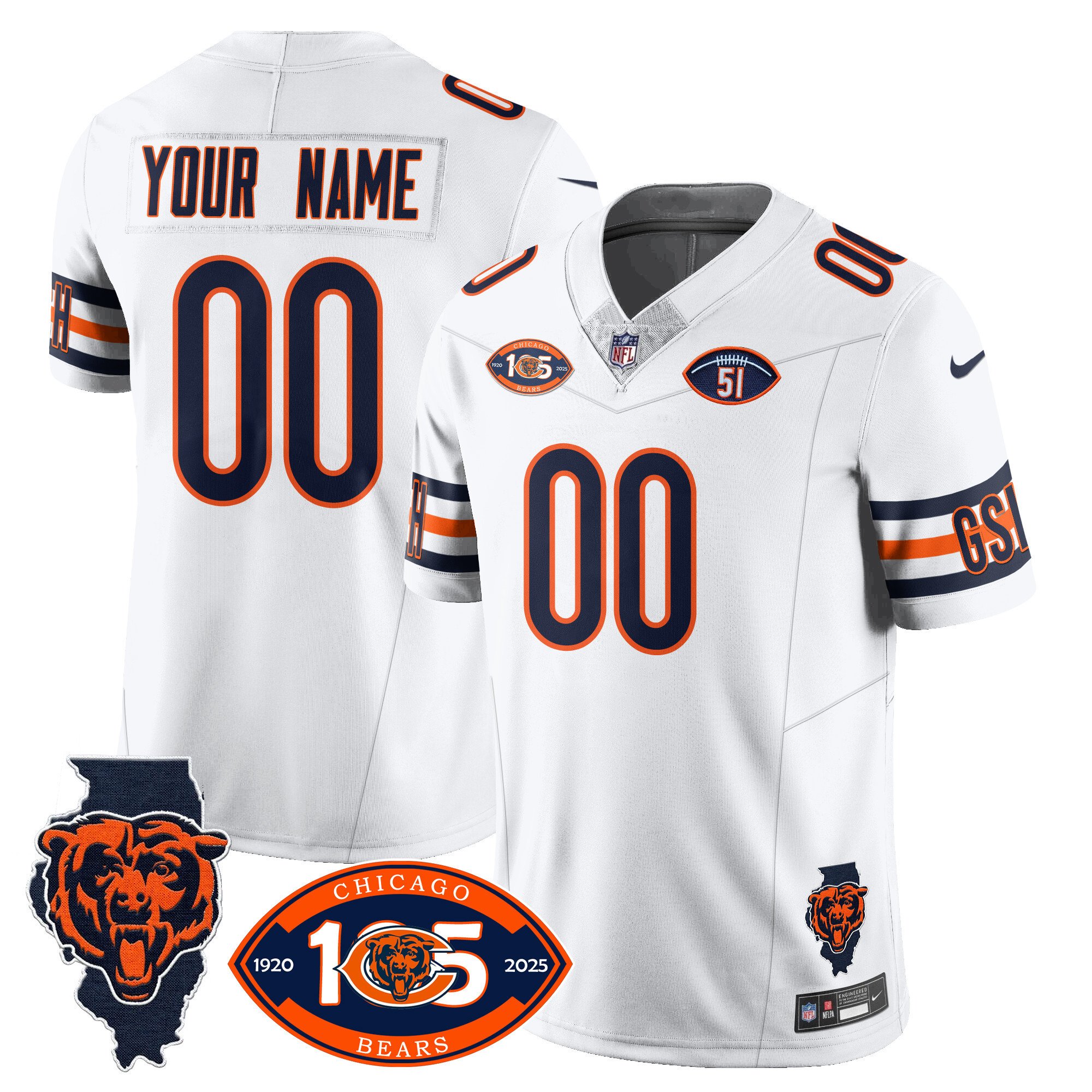 Men's Chicago Bears 1920-2025 The Chicago Bears Vapor Limited Custom White Jersey - All Stitched