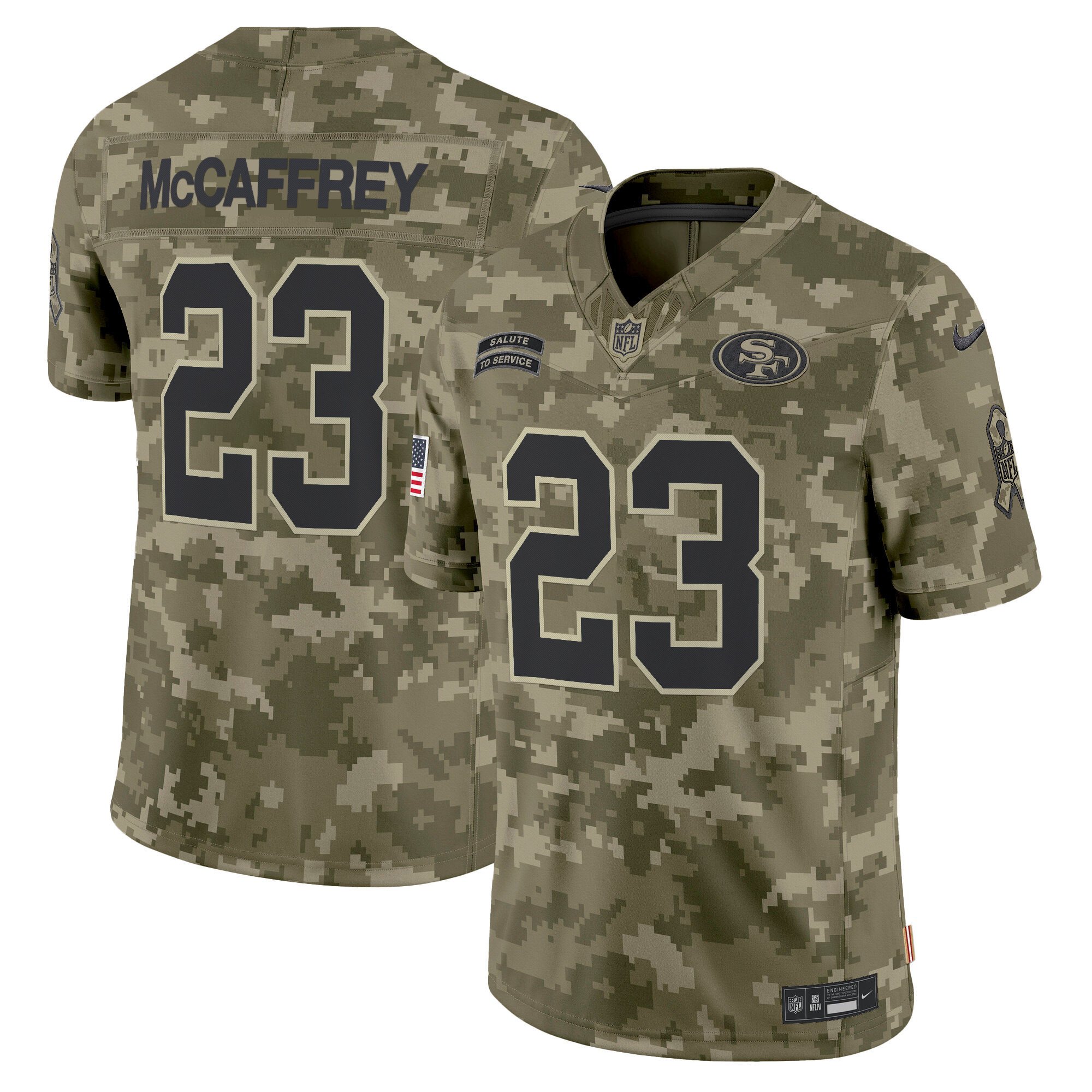 Men's Christian McCaffrey San Francisco 49ers 2024 Salute to Service Vapor Limited Olive Camo Jersey - All stitched