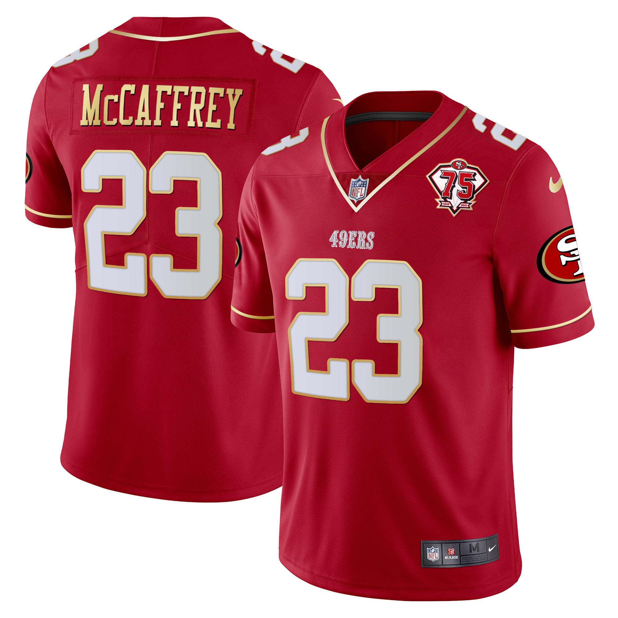 Men's Christian McCaffrey San Francisco 49ers 75th Anniversary Patch Vapor Gold Trim Red Gold Jersey V2 - All Stitched