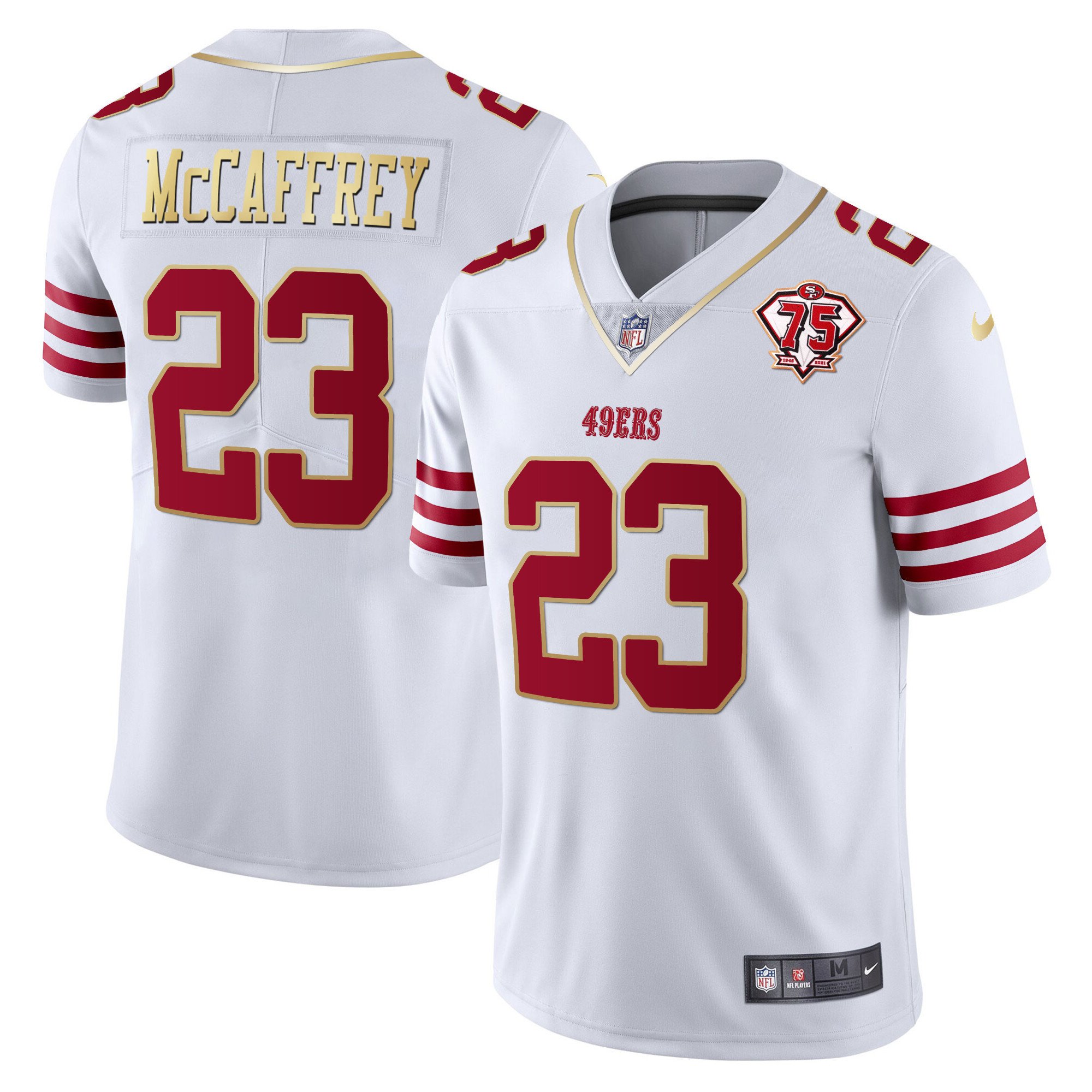 Men's Christian McCaffrey San Francisco 49ers 75th Anniversary Patch Vapor Gold Trim White Gold Jersey - All Stitched
