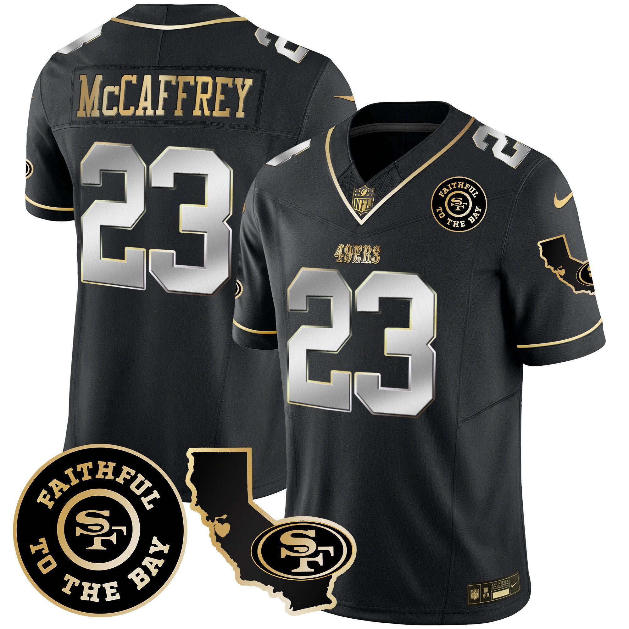 Men's Christian McCaffrey San Francisco 49ers Faithful & California Patch Vapor Black Limited Jersey - All Stitched