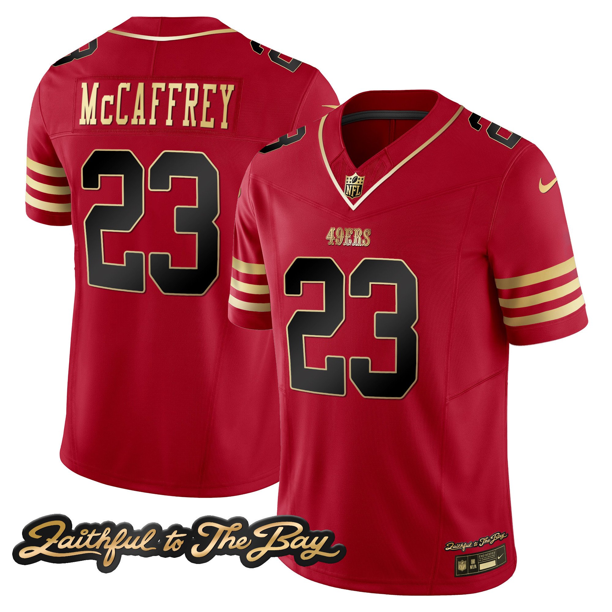 Men's Christian McCaffrey San Francisco 49ers Faithful To The Bay Patch Vapor Limited Black Scarlet Jersey V3 - All Stitched