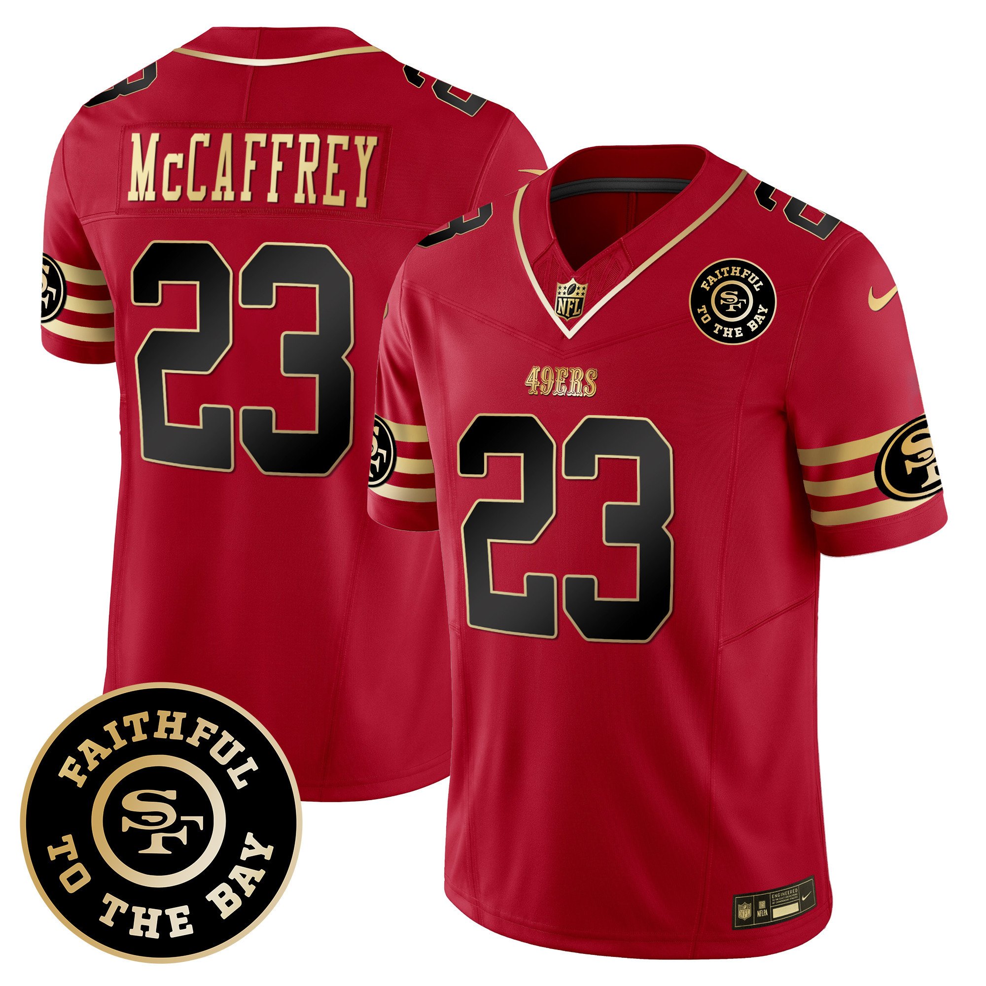 Men's Christian McCaffrey San Francisco 49ers Faithful To The Bay Patch Vapor Limited Black Scarlet Jersey V6 - All Stitched