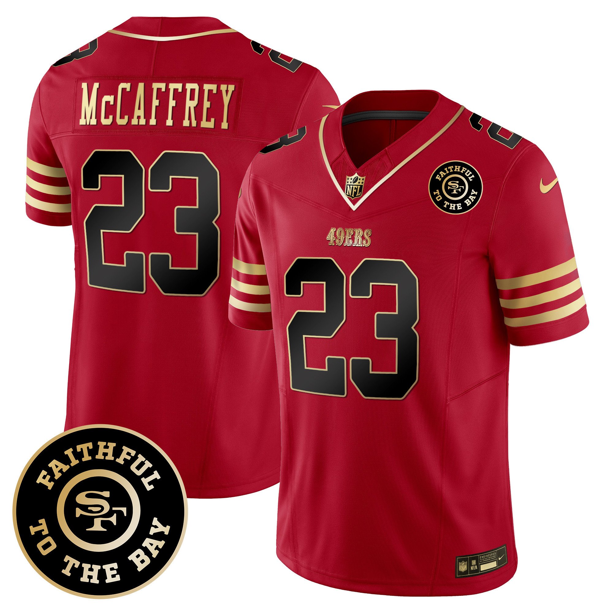 Men's Christian McCaffrey San Francisco 49ers Faithful To The Bay Patch Vapor Limited Black Scarlet Jersey V7 - All Stitched
