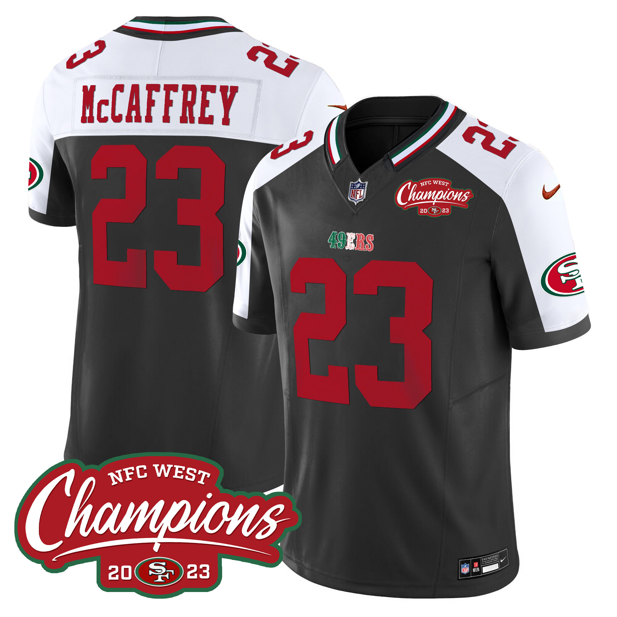 Men's Christian McCaffrey San Francisco 49ers Mexico 2023 NFC West Champions Patch Vapor Black Alternate Jersey - All Stitched