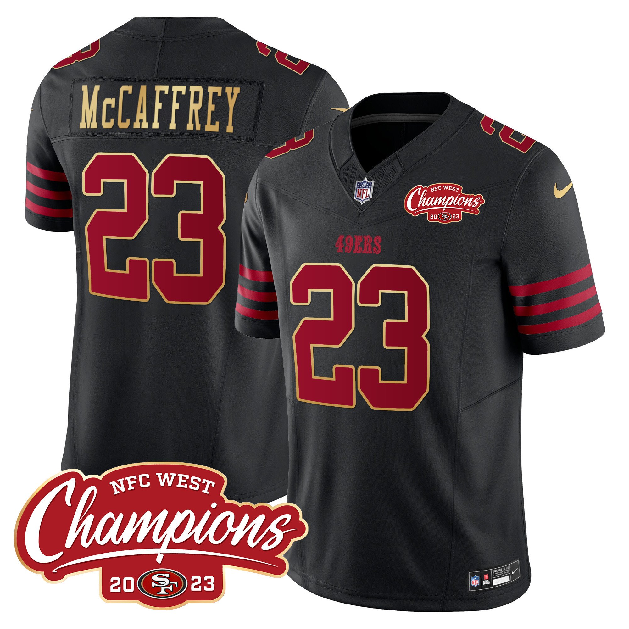 Men's Christian McCaffrey San Francisco 49ers NFC West Champions Gold Trim Vapor Black Jersey - All Stitched