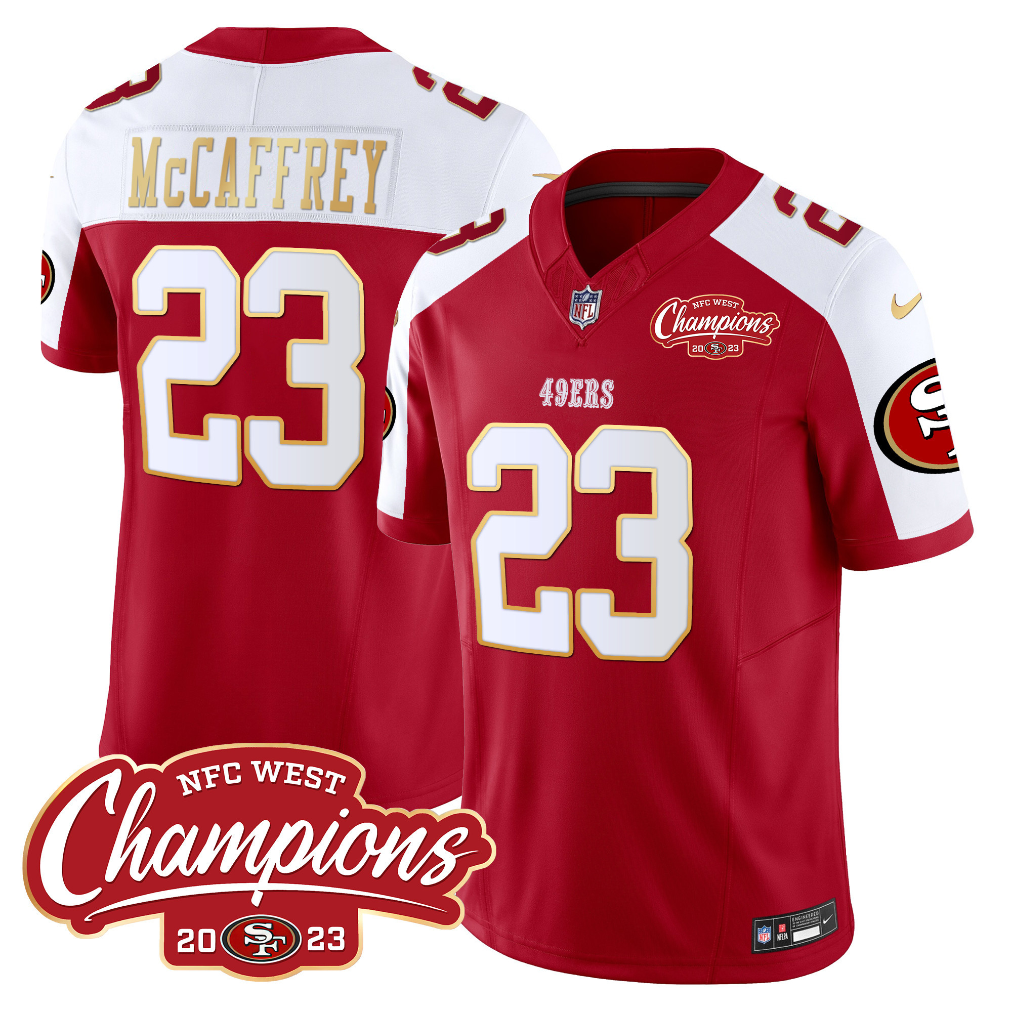 Men's Christian McCaffrey San Francisco 49ers NFC West Champions Gold Trim Vapor Red Alternate Jersey - All Stitched
