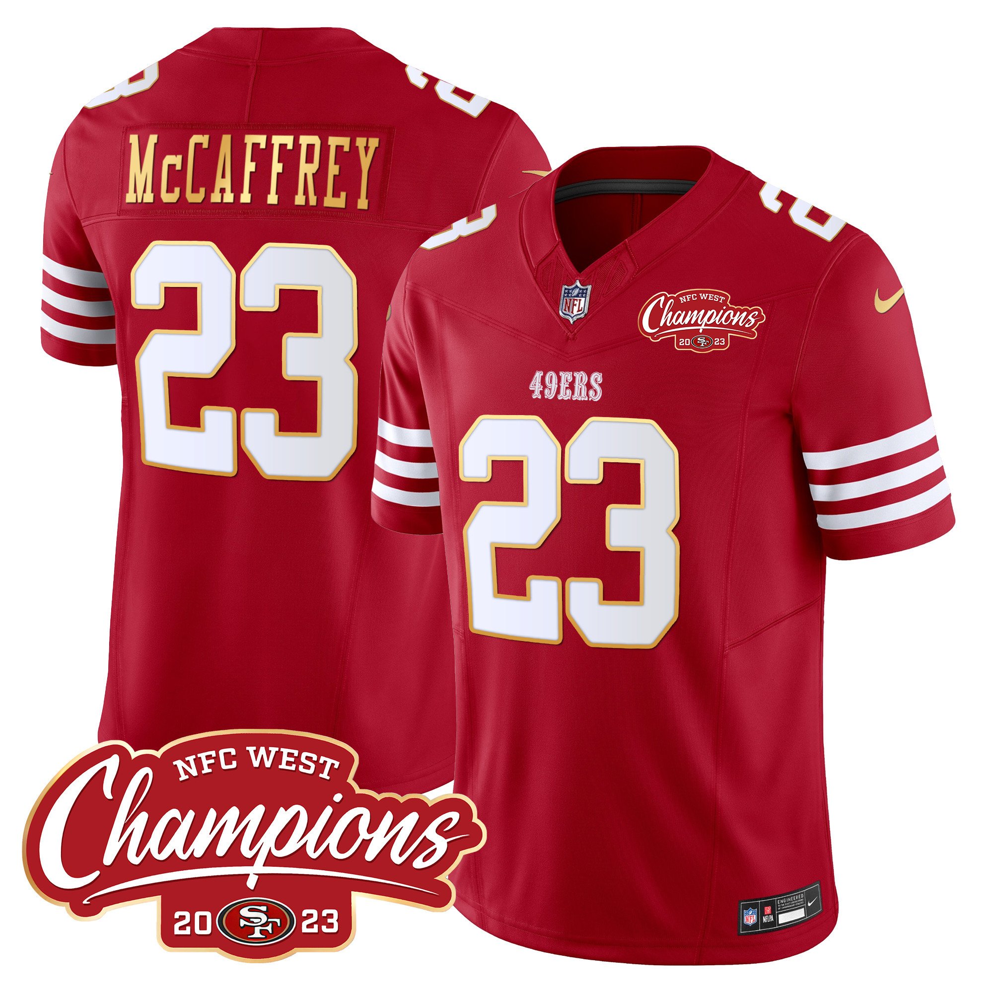 Men's Christian McCaffrey San Francisco 49ers NFC West Champions Gold Trim Vapor Red Jersey - All Stitched