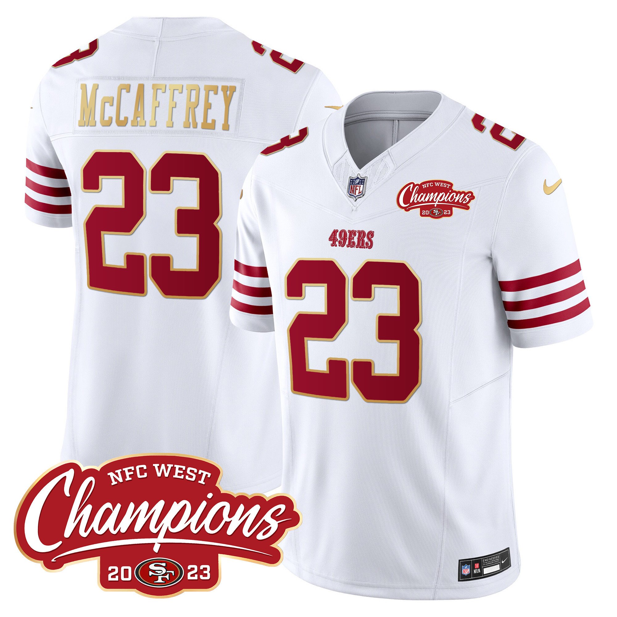 Men's Christian McCaffrey San Francisco 49ers NFC West Champions Gold Trim Vapor White Jersey - All Stitched