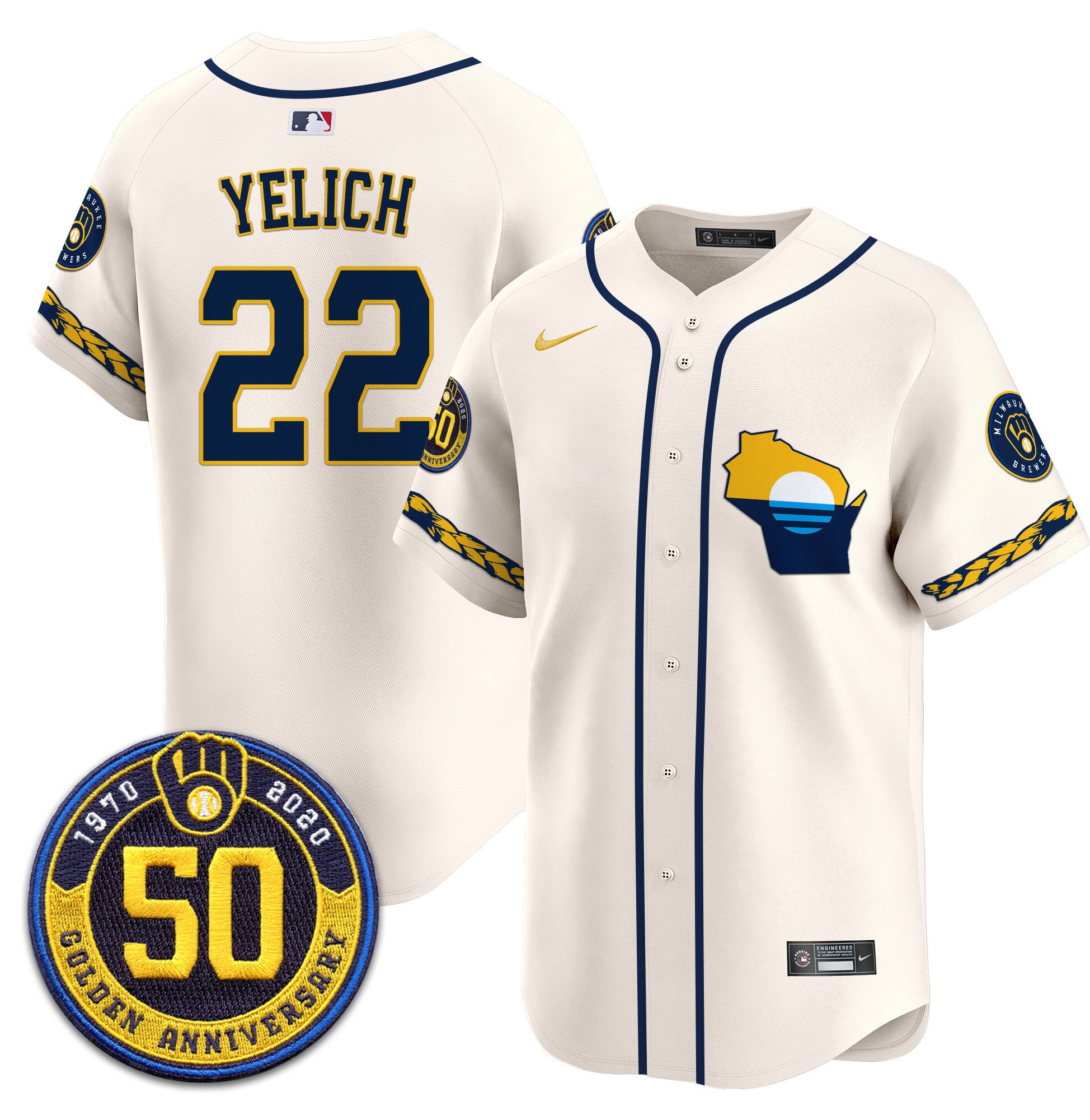 Men's Christian Yelich Milwaukee Brewers Golden 50th Anniversary Patch Vapor Premier Limited Cream Jersey - All Stitched