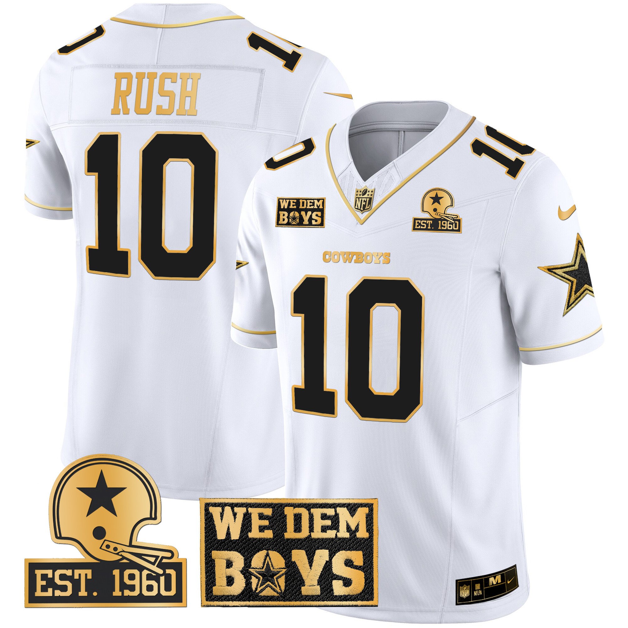 Men's Cooper Rush Dallas Cowboys Est. 1960 & We Dem Boyz Patch Gold Vapor Limited White Gold Jersey - All Stitched