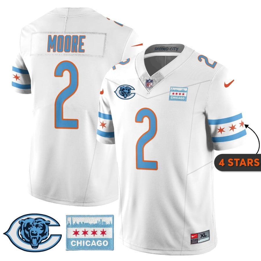 Men's D J Moore Chicago Bears City Edition White Jersey - Chicago Flag - All Stitched