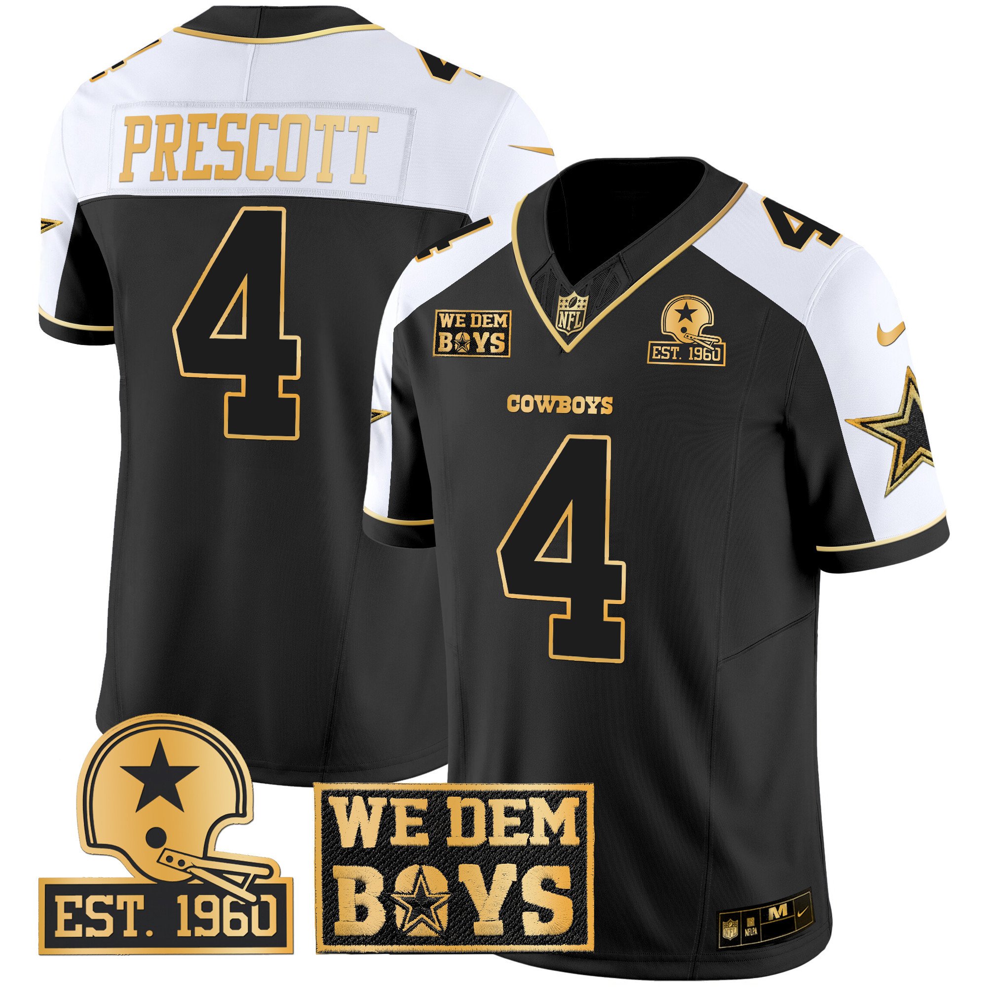 Men's Dak Prescott Dallas Cowboys Est. 1960 & We Dem Boyz Patch Gold Vapor Limited Alternate Jersey - All Stitched