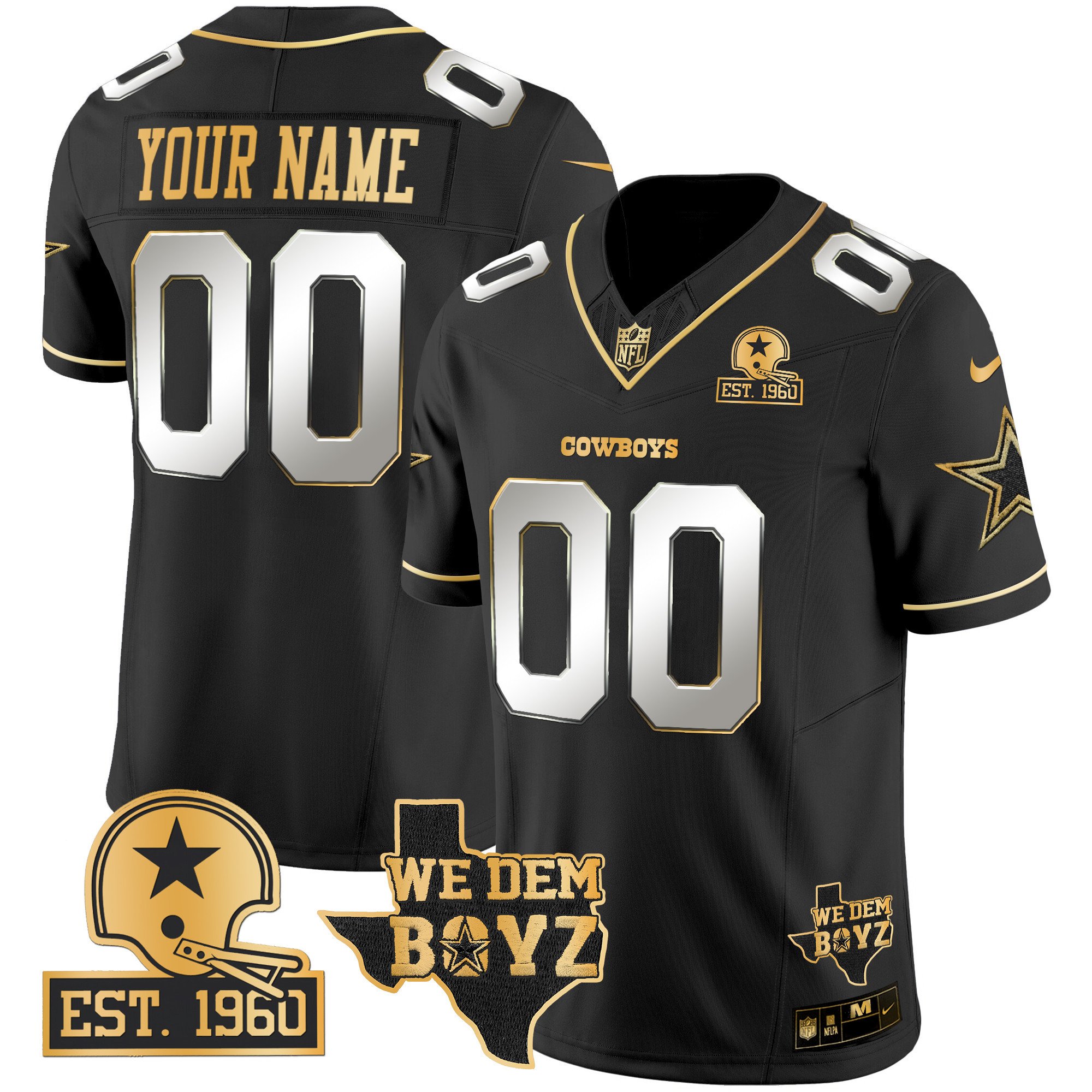 Men's Dallas Cowboys Est. 1960 & We Dem Boyz Patch Gold Vapor Limited Custom Black Limited Jersey V2 - All Stitched